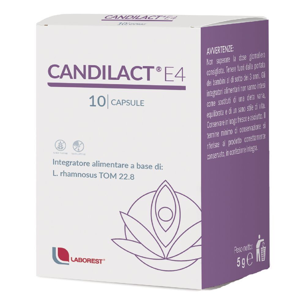 Scatola Candilact E4, 10 capsule. Contiene L. rhamnosus TOM 22.8. Marchio Laborest.