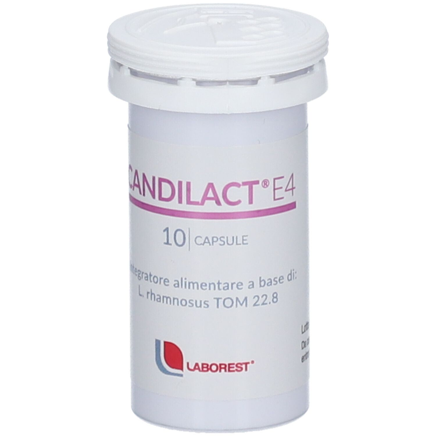 Flacone cilindrico Candilact E4, 10 capsule. Contiene L. rhamnosus TOM 22.8. Marchio Laborest.