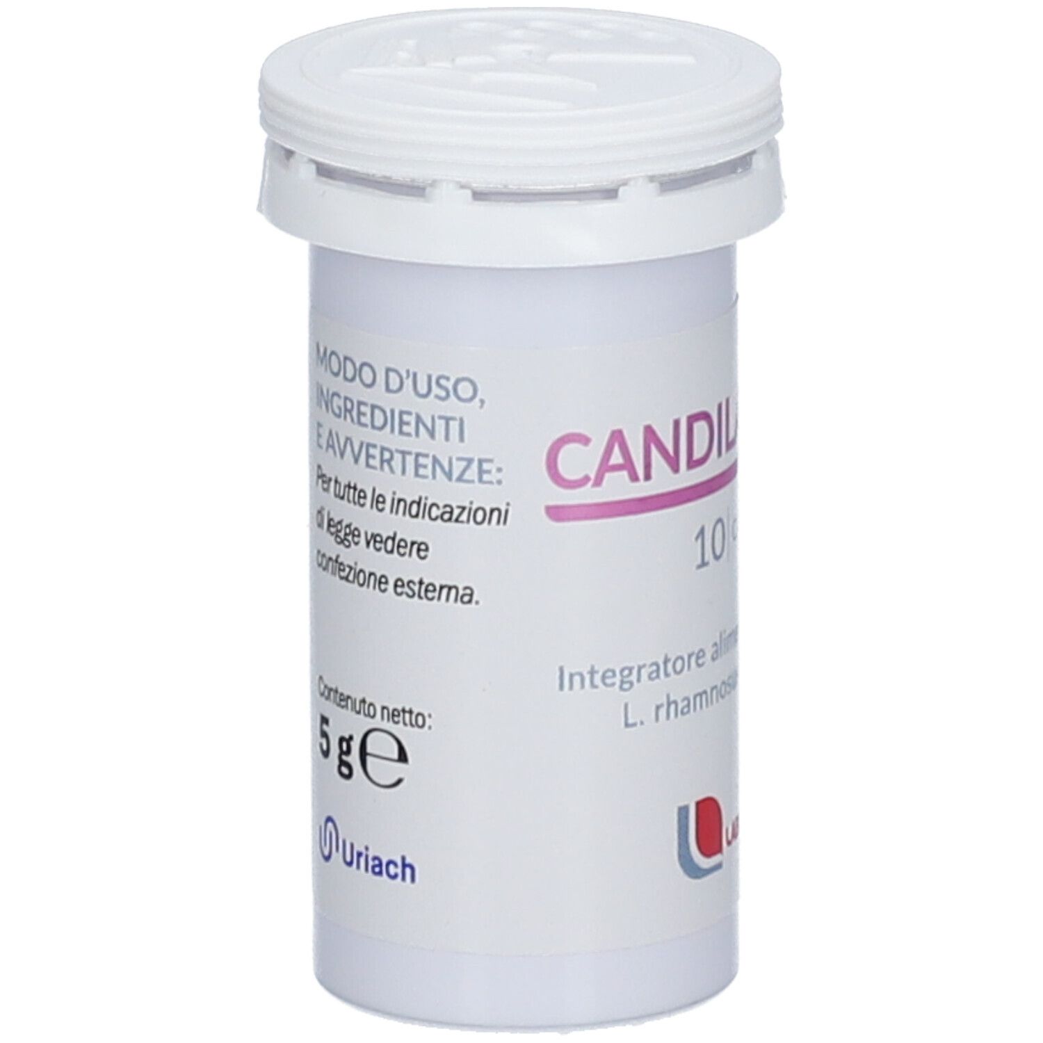 Flacone cilindrico Candilact E4, 10 capsule. Contiene L. rhamnosus TOM 22.8. Marchio Laborest.