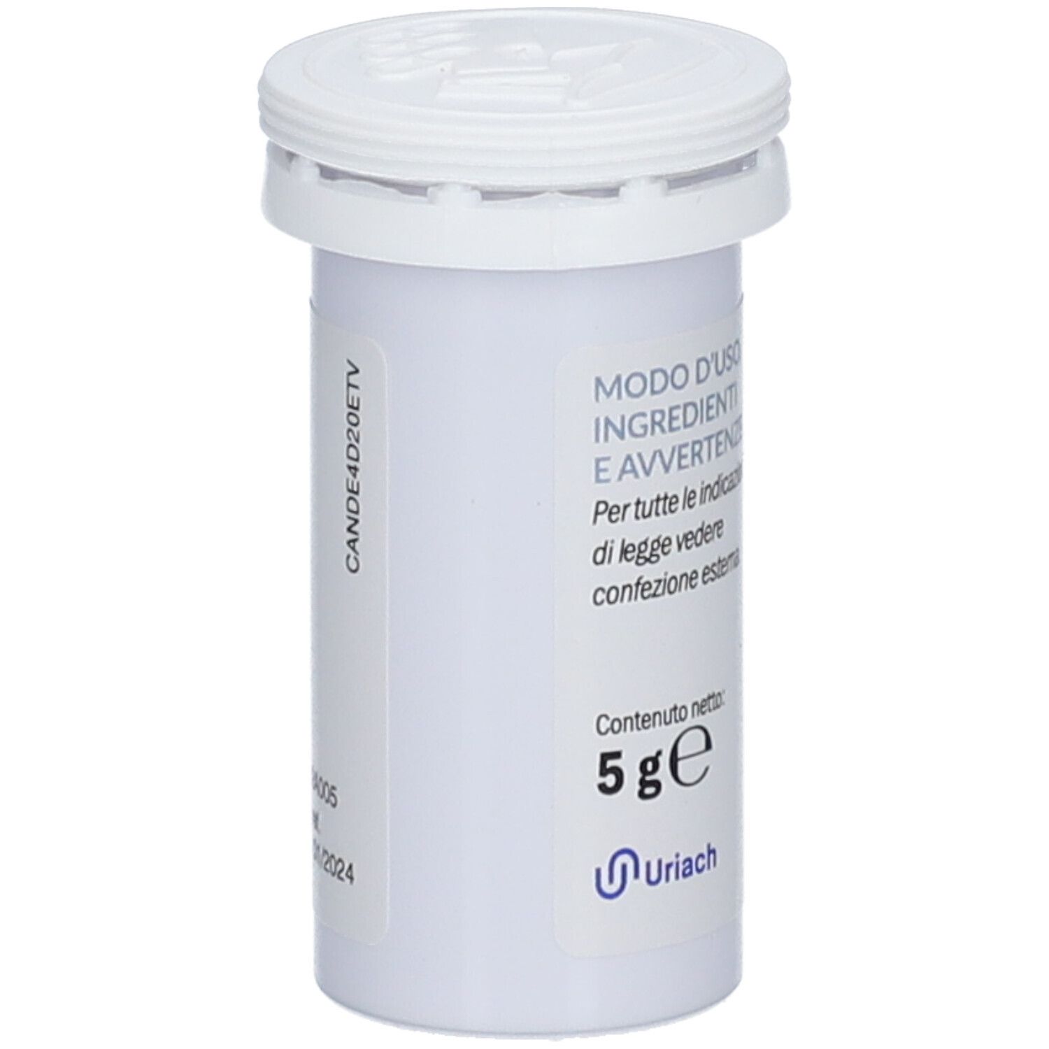 Flacone cilindrico Candilact E4, 10 capsule. Contiene L. rhamnosus TOM 22.8. Marchio Laborest.