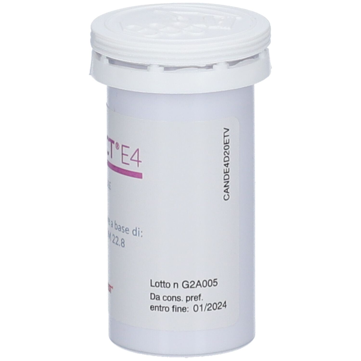Flacone cilindrico Candilact E4, 10 capsule. Contiene L. rhamnosus TOM 22.8. Marchio Laborest.