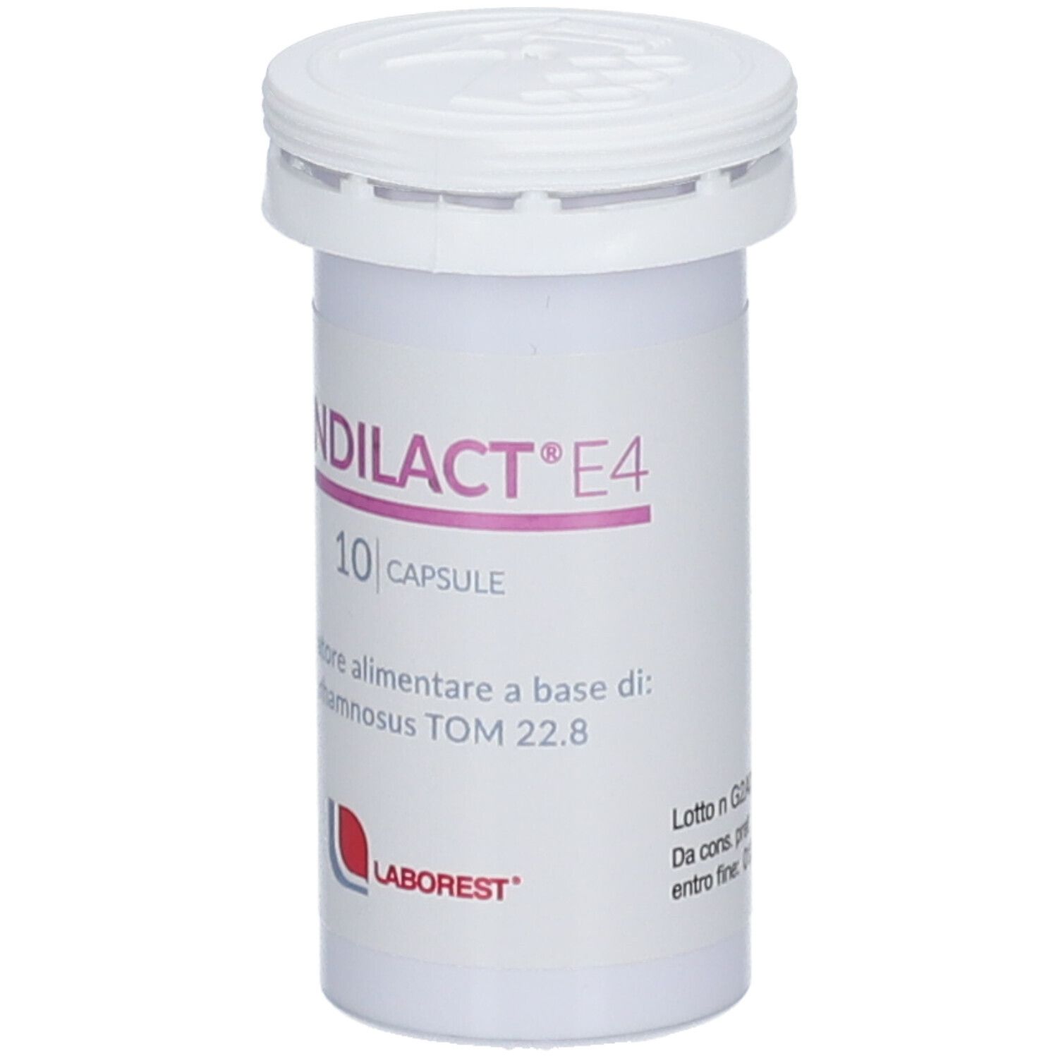Flacone cilindrico Candilact E4, 10 capsule. Contiene L. rhamnosus TOM 22.8. Marchio Laborest.