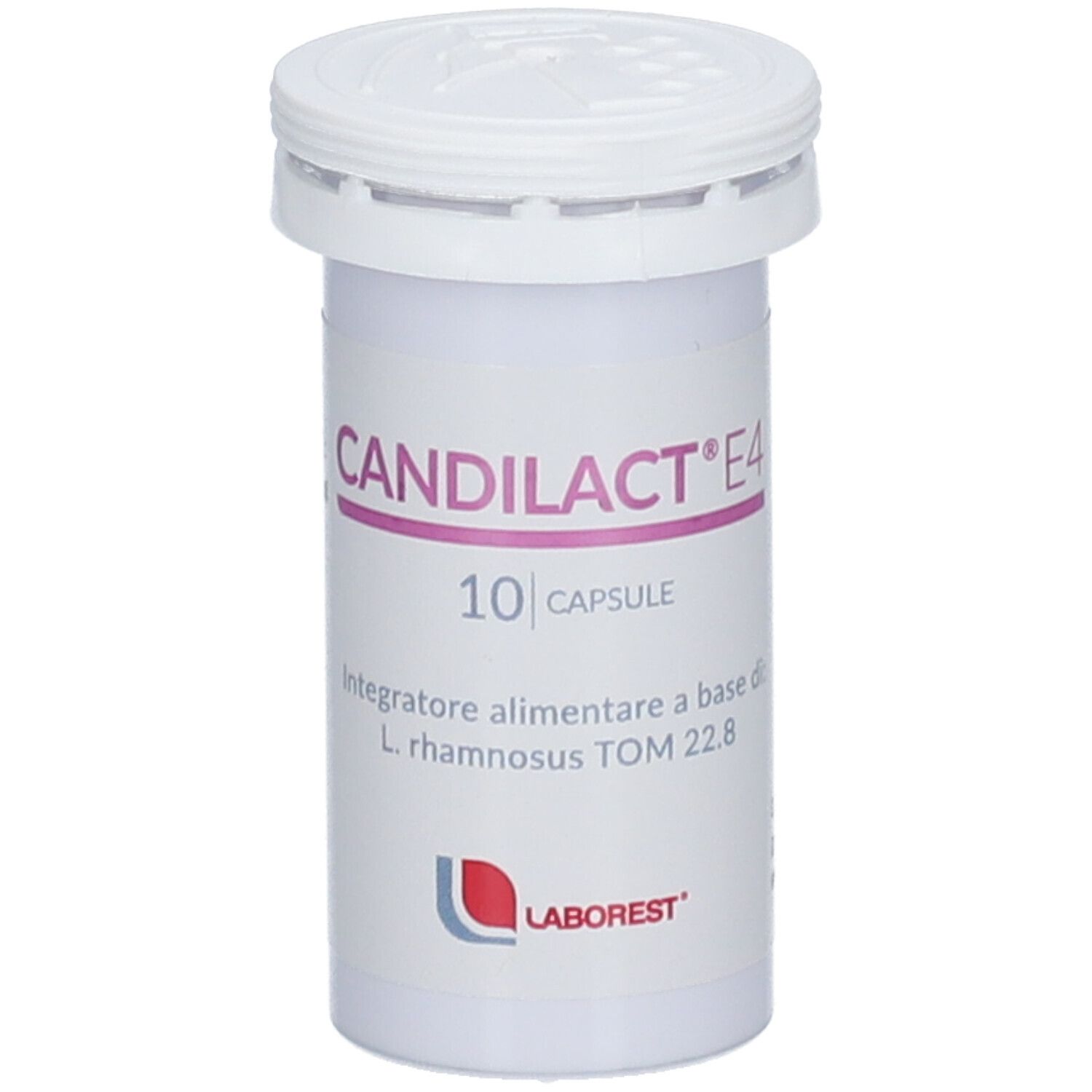 Flacone cilindrico Candilact E4, 10 capsule. Contiene L. rhamnosus TOM 22.8. Marchio Laborest.