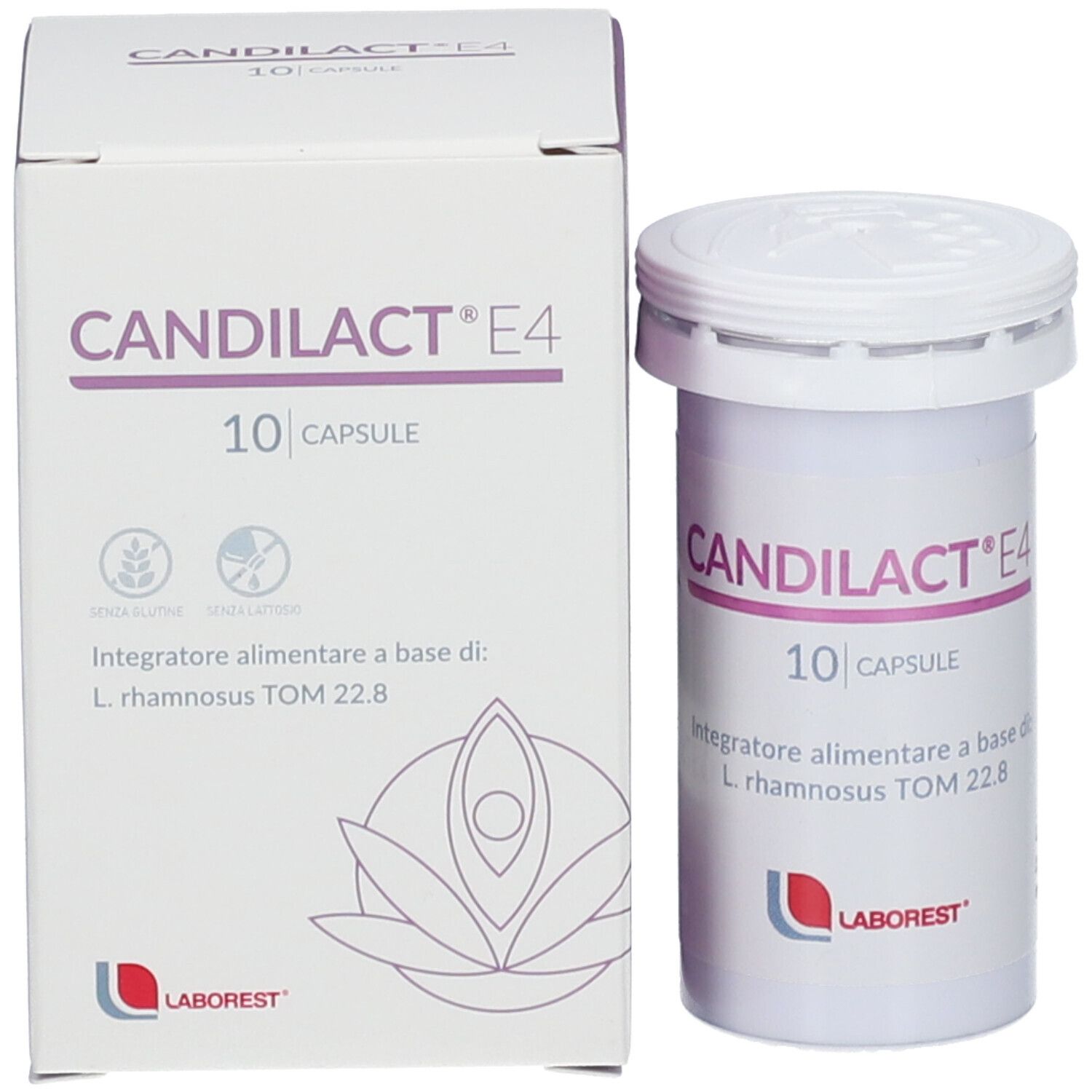 Scatola e flacone Candilact E4, 10 capsule. Flacone con tappo a vite. Marchio Laborest.