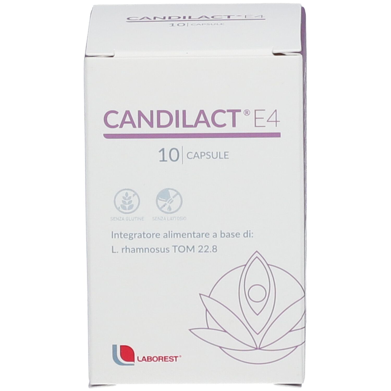 Scatola Candilact E4, 10 capsule. Contiene L. rhamnosus TOM 22.8. Marchio Laborest.