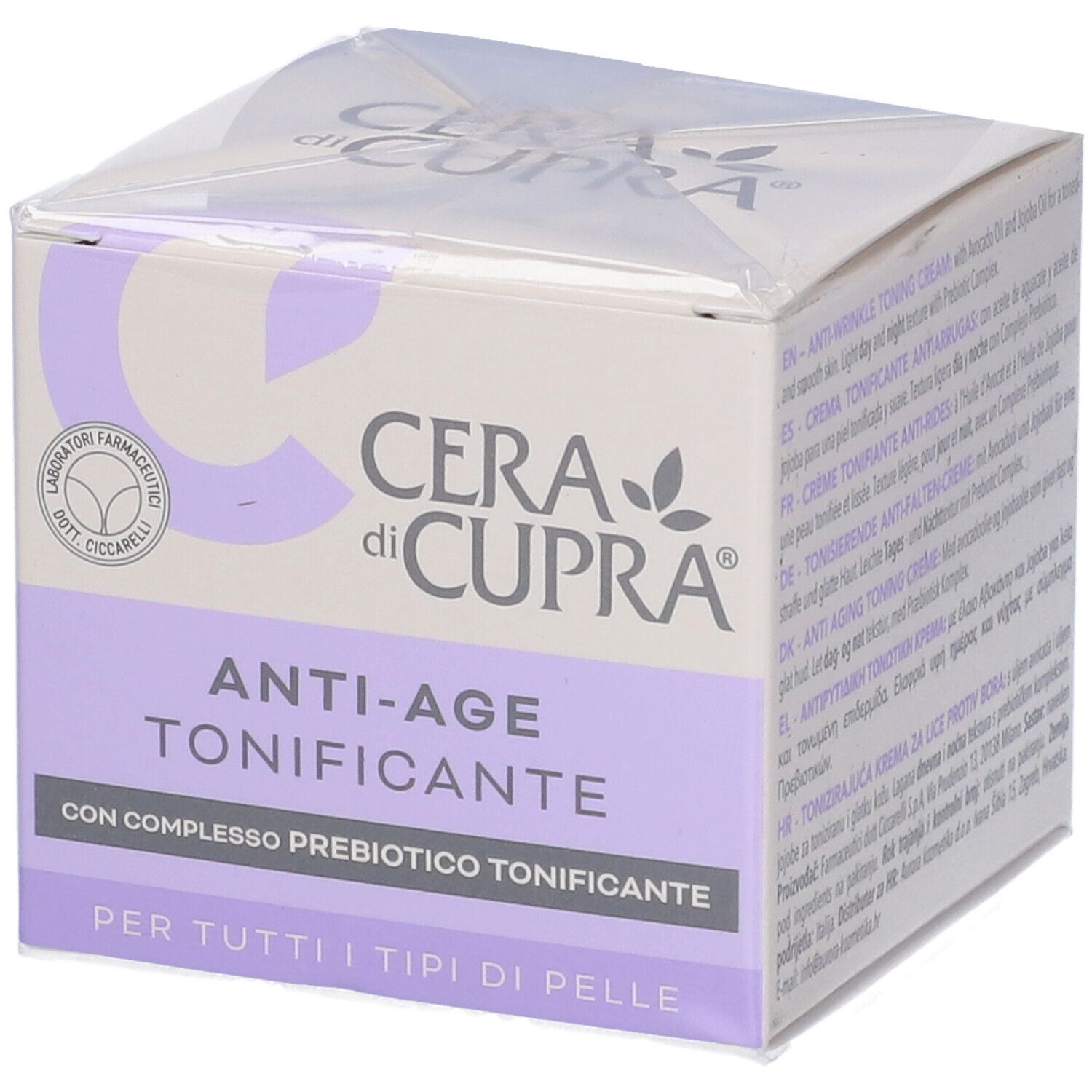Confezione Cera di Cupra Anti-Age Tonificante. Scatola bianca e lilla con nome e logo del prodotto. Testo: Anti-Age Tonificante.