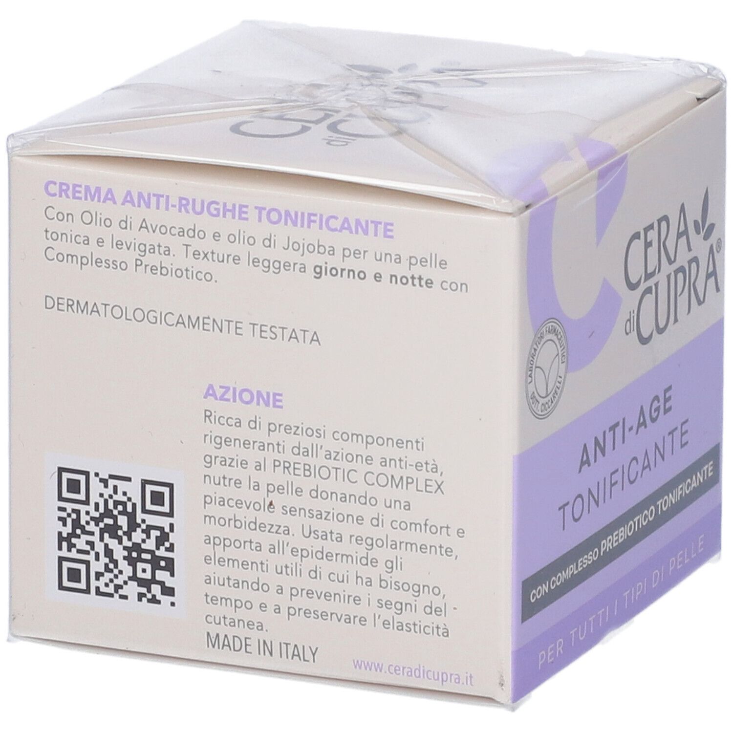Retro confezione Cera di Cupra Anti-Age Tonificante. Testo: Crema Anti-Rughe Tonificante, ingredienti, codice QR, Made in Italy.