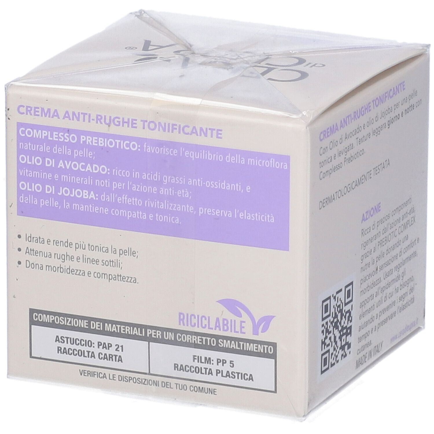 Lato confezione Cera di Cupra Anti-Age Tonificante. Testo: Crema Anti-Rughe Tonificante, ingredienti, riciclabile, PAP 21, PP 5.