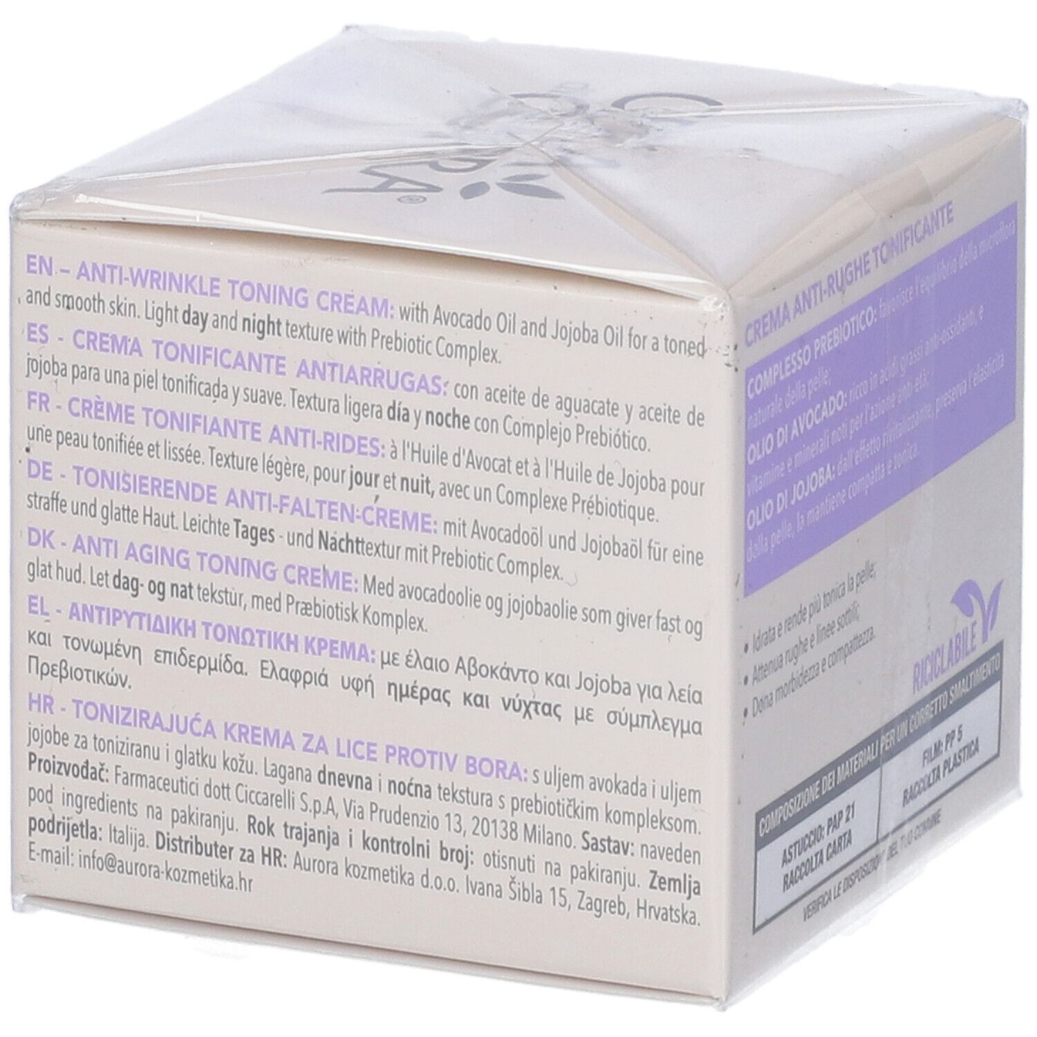 Lato confezione Cera di Cupra Anti-Age Tonificante. Testo multilingue: Crema Toning Anti-Rughe, ingredienti, informazioni produttore.