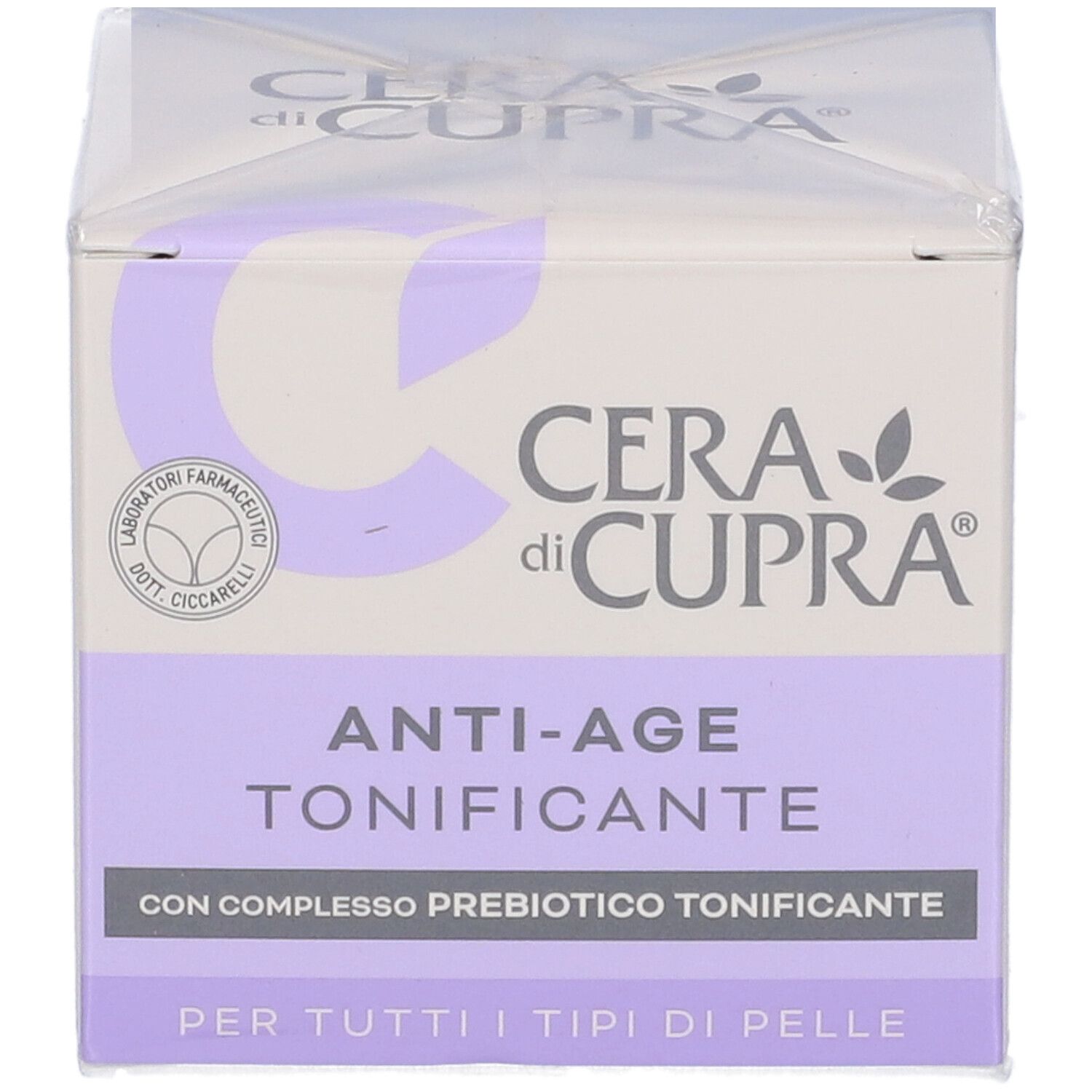 Fronte confezione Cera di Cupra Anti-Age Tonificante. Scatola bianca e lilla con nome e logo. Testo: Anti-Age Tonificante.