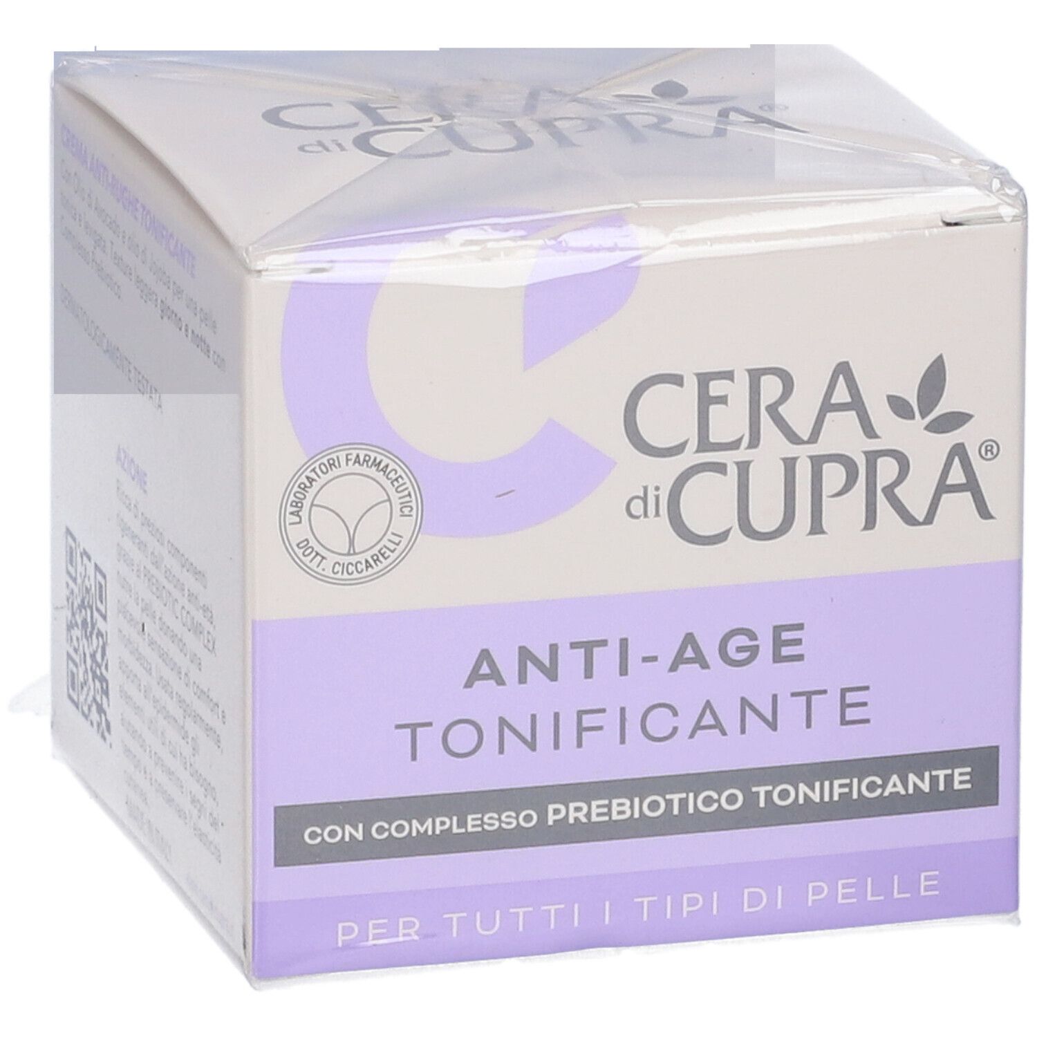 Confezione Cera di Cupra Anti-Age Tonificante. Scatola bianca e lilla con nome e logo. Testo: Anti-Age Tonificante, per tutti i tipi di pelle.