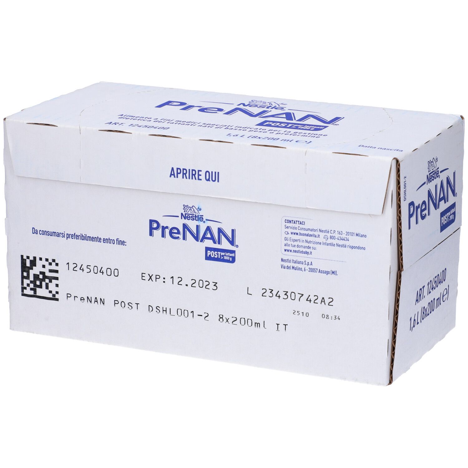 Confezione in cartone bianca PreNAN Post. Contiene informazioni come data di scadenza e numero di lotto. 1,6 L (8x200 ml).