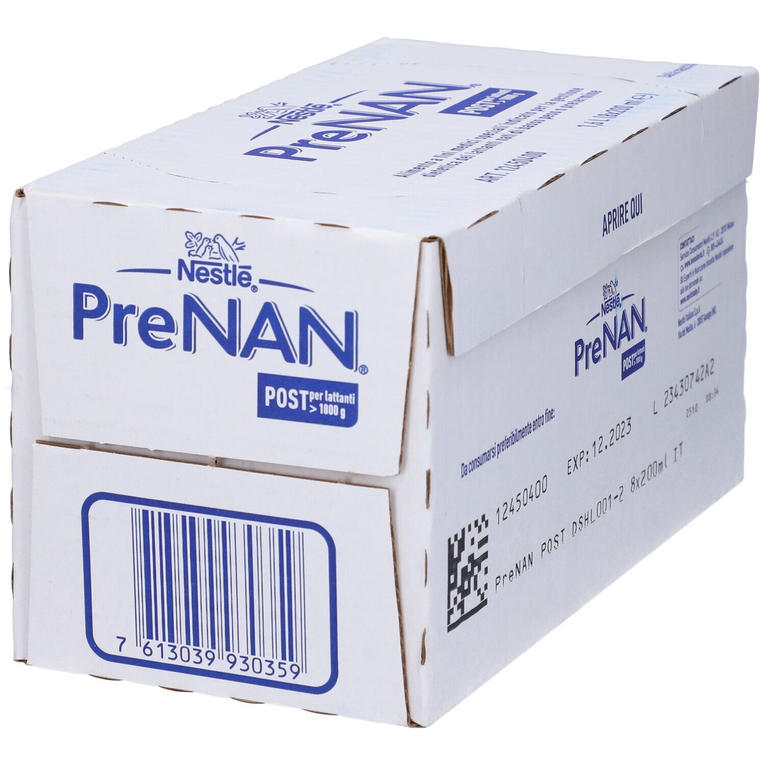 Confezione in cartone PreNAN Post. Contiene codice a barre e informazioni sul prodotto. Logo Nestlé. 1,6 L (8x200 ml).