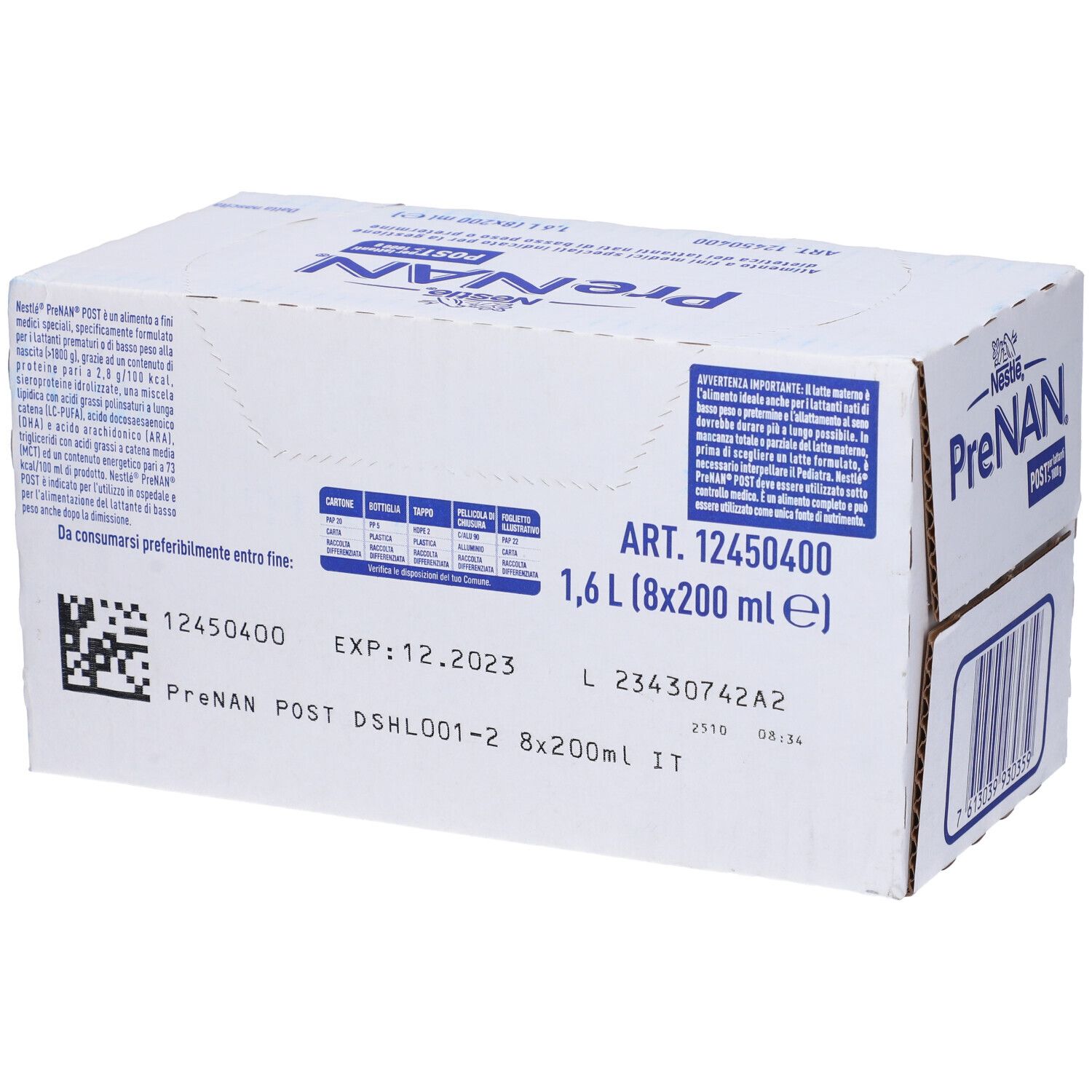 Confezione in cartone bianca PreNAN Post. Contiene informazioni come data di scadenza e numero di lotto. 1,6 L (8x200 ml).