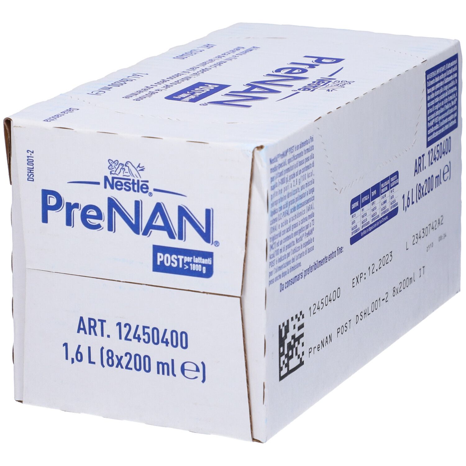Confezione in cartone PreNAN Post. Contiene informazioni come data di scadenza e numero di lotto. 1,6 L (8x200 ml).