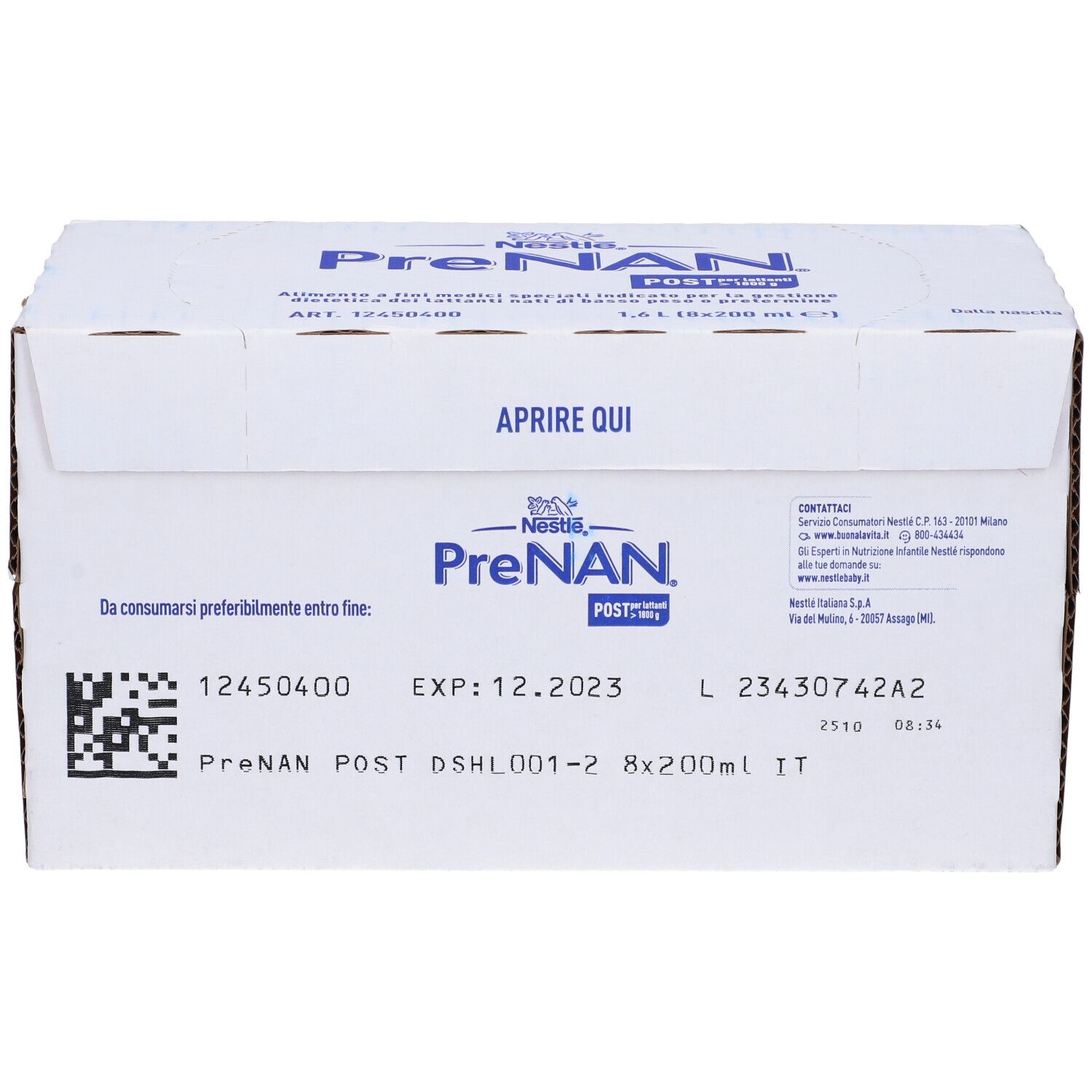 Confezione in cartone bianca PreNAN Post. Contiene informazioni come data di scadenza e numero di lotto. 1,6 L (8x200 ml).