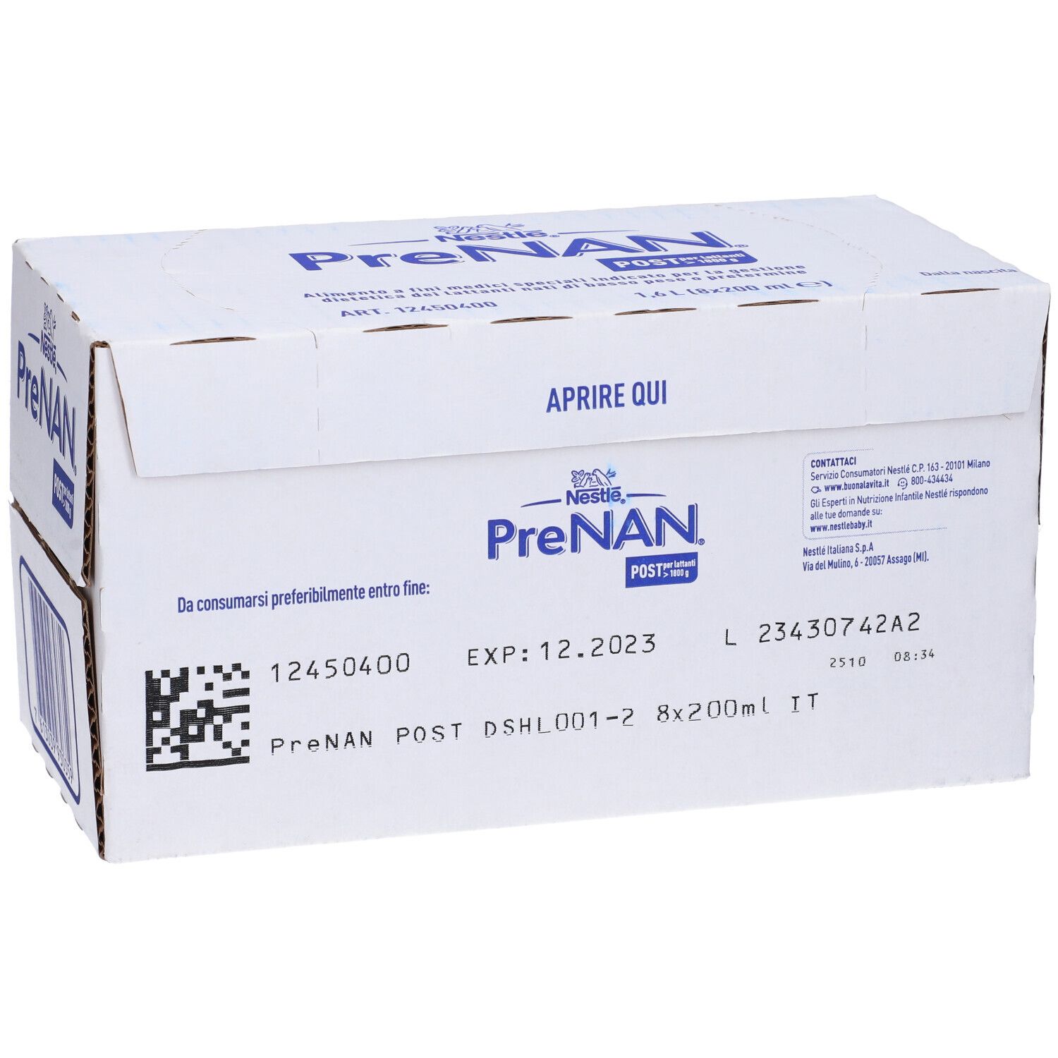 Confezione in cartone bianca PreNAN Post. Contiene informazioni come data di scadenza e numero di lotto. 1,6 L (8x200 ml).