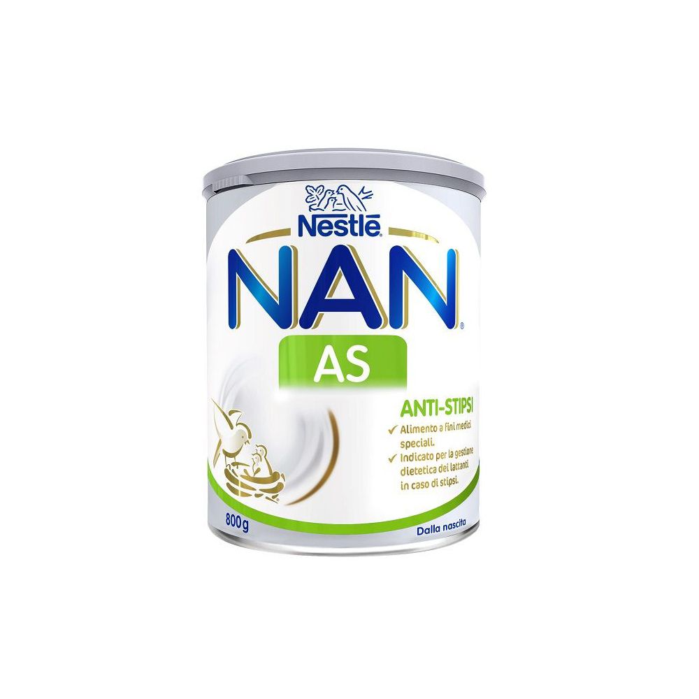 Lattina Nestlé NAN AS Anti-Stipsi. 800g. Scritta: Alimento a fini speciali. Indicato per la stipsi.