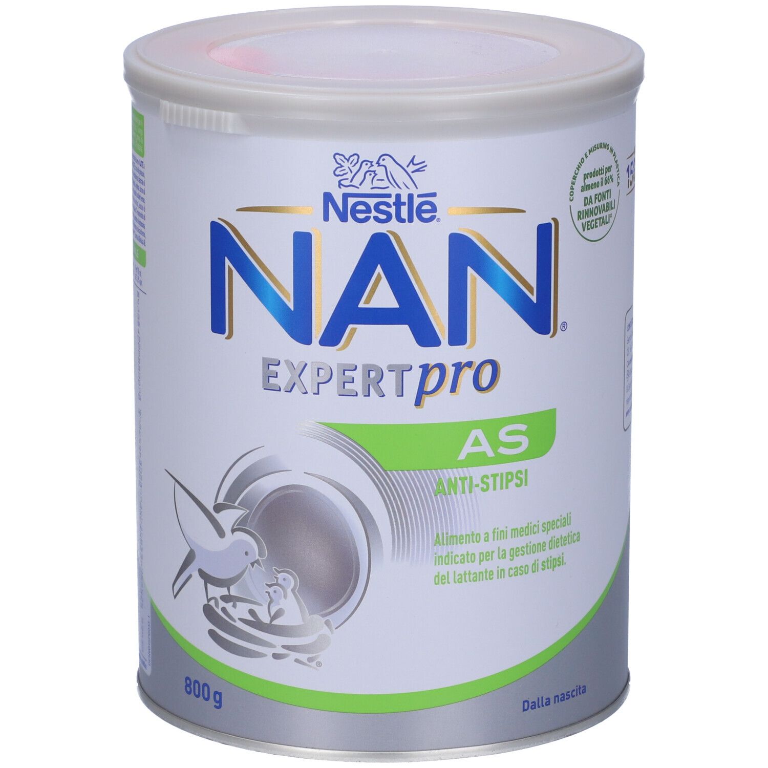 Lattina Nestlé NAN Expert Pro AS Anti-Stipsi. 800g. Scritta: Alimento a fini medici speciali. Per la stipsi.
