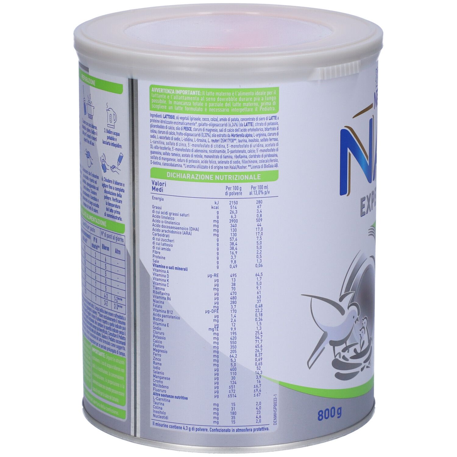 Retro della lattina Nestlé NAN Expert Pro AS Anti-Stipsi. Informazioni nutrizionali e ingredienti. 800g.