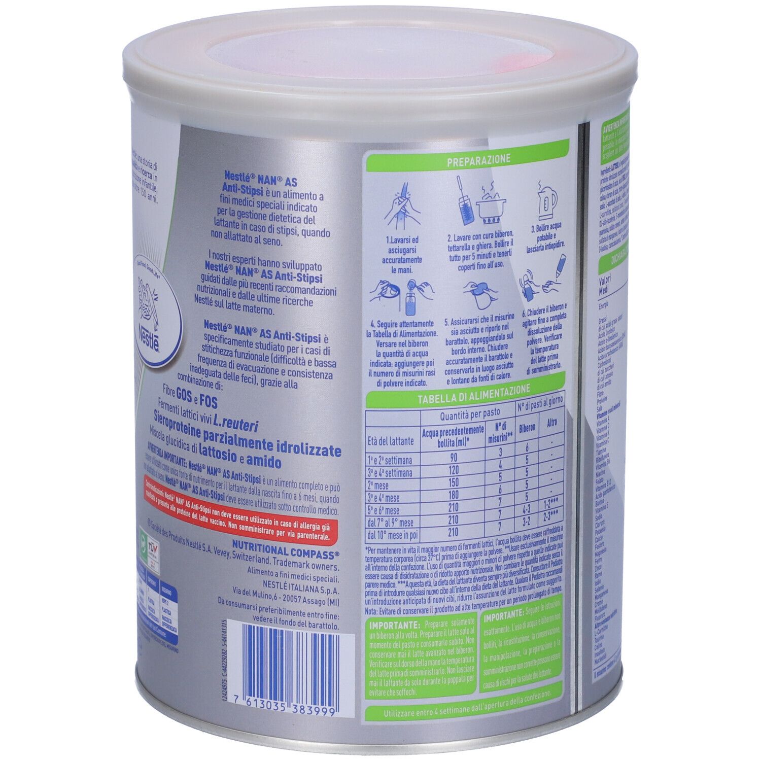 Retro della lattina Nestlé NAN Expert Pro AS Anti-Stipsi. Istruzioni per la preparazione e informazioni nutrizionali. 800g.