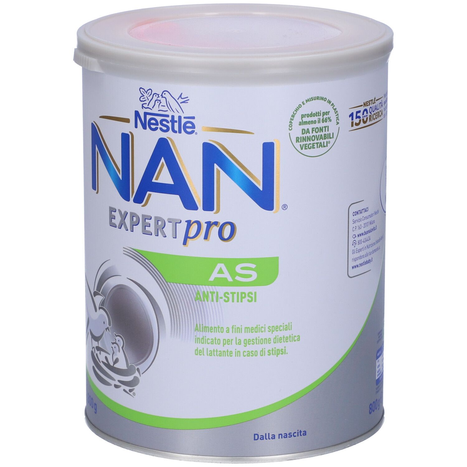 Lattina Nestlé NAN Expert Pro AS Anti-Stipsi. 800g. Scritta: Alimento a fini medici speciali. Per la stipsi.