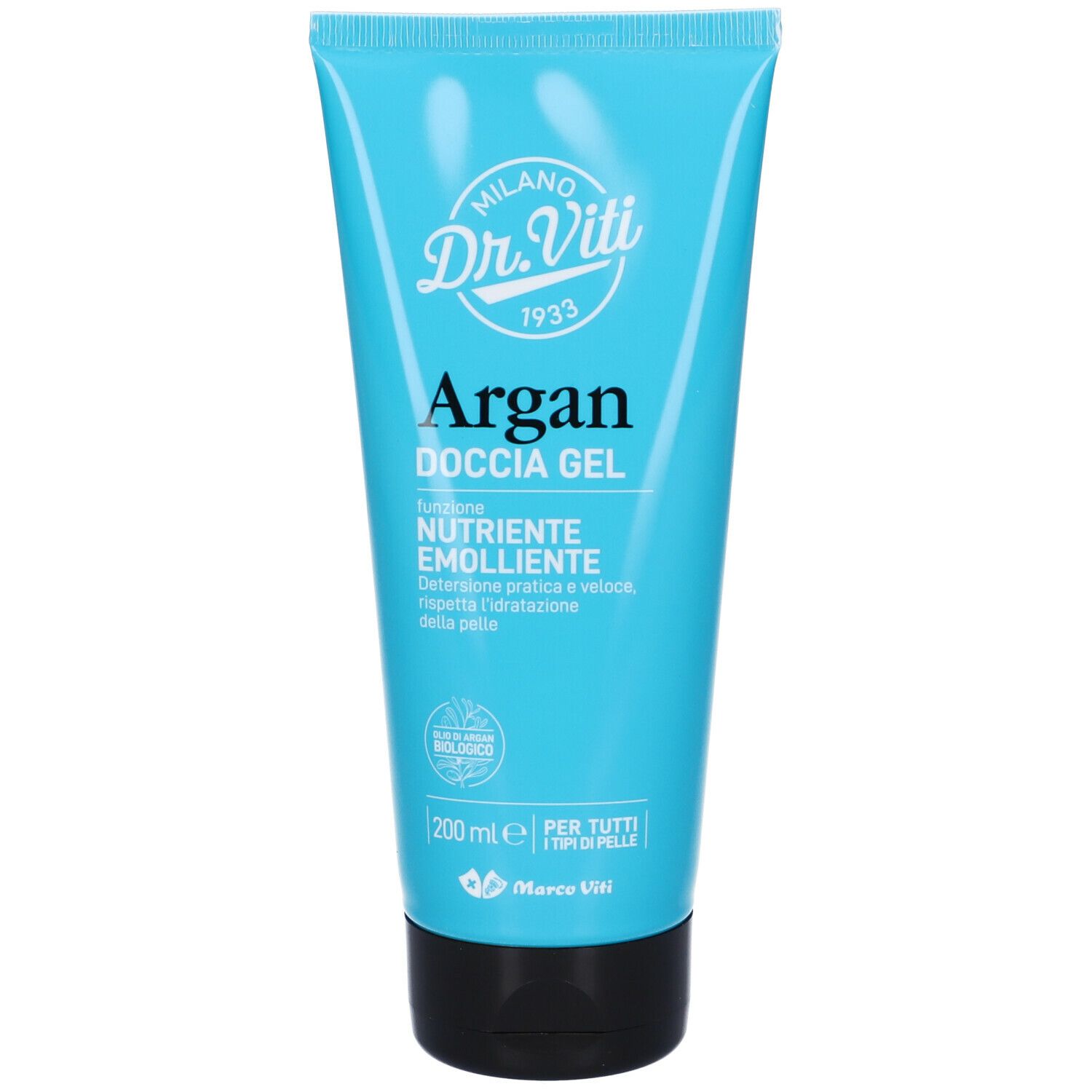 Tubo blu turchese con tappo nero. Scritta: Dr. Viti, Argan Doccia Gel, 200 ml. Per tutti i tipi di pelle.