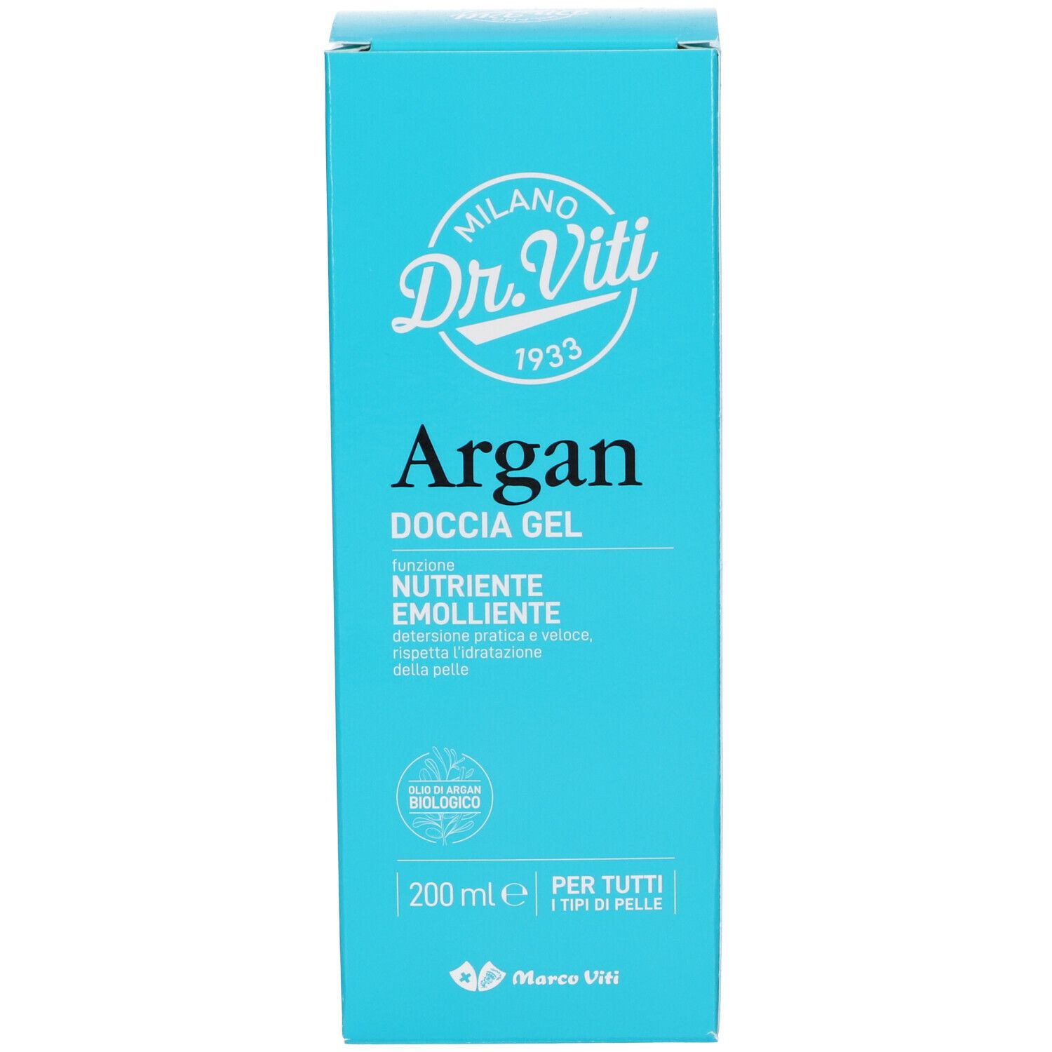 Scatola turchese. Scritta: Dr. Viti, Argan Doccia Gel, 200 ml. Per tutti i tipi di pelle. Sigillo bio.