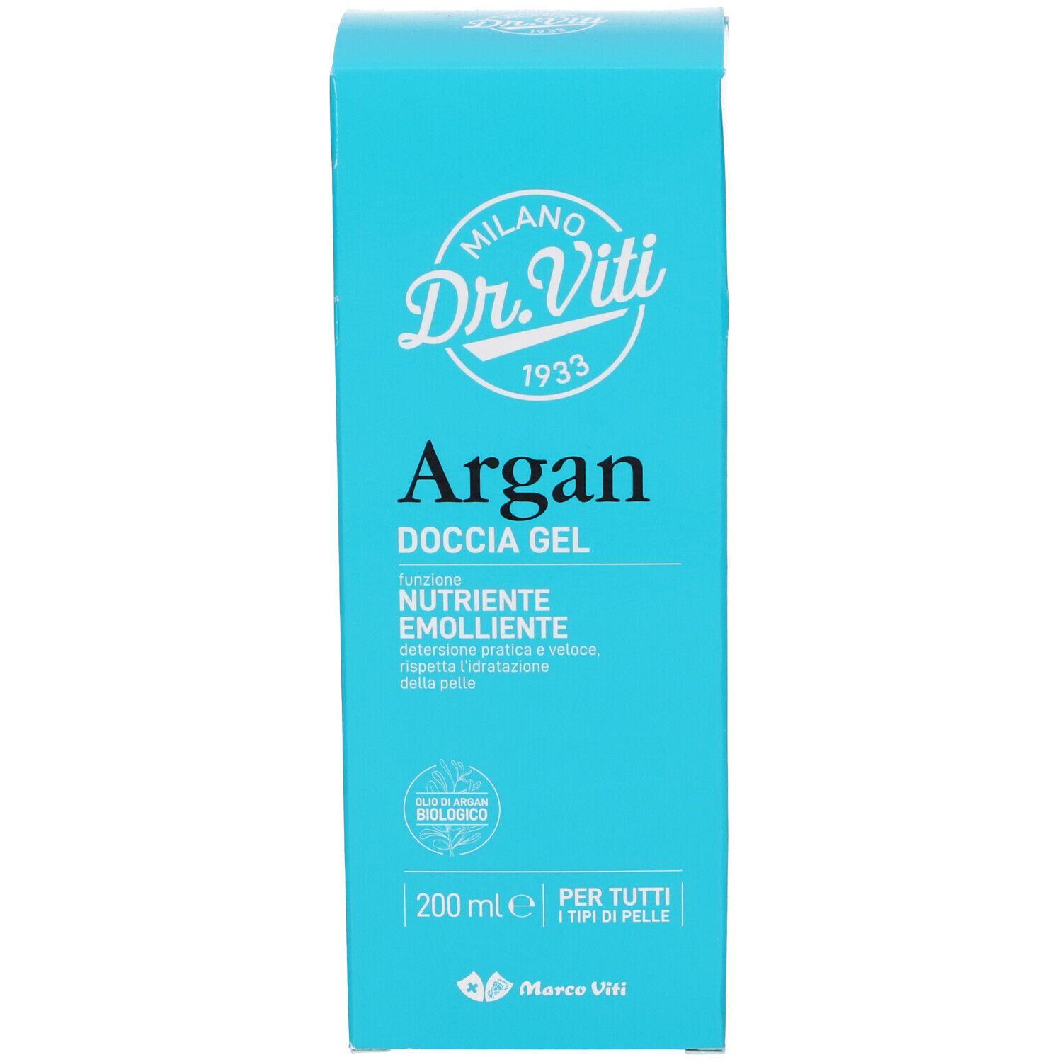 Scatola turchese. Scritta: Dr. Viti, Argan Doccia Gel, 200 ml. Per tutti i tipi di pelle. Sigillo bio.