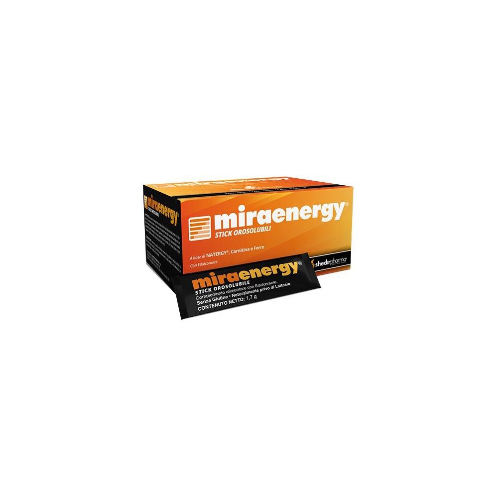 Scatola di stick Miraenergy. Uno stick davanti. Design arancione e nero con nome e logo del prodotto.