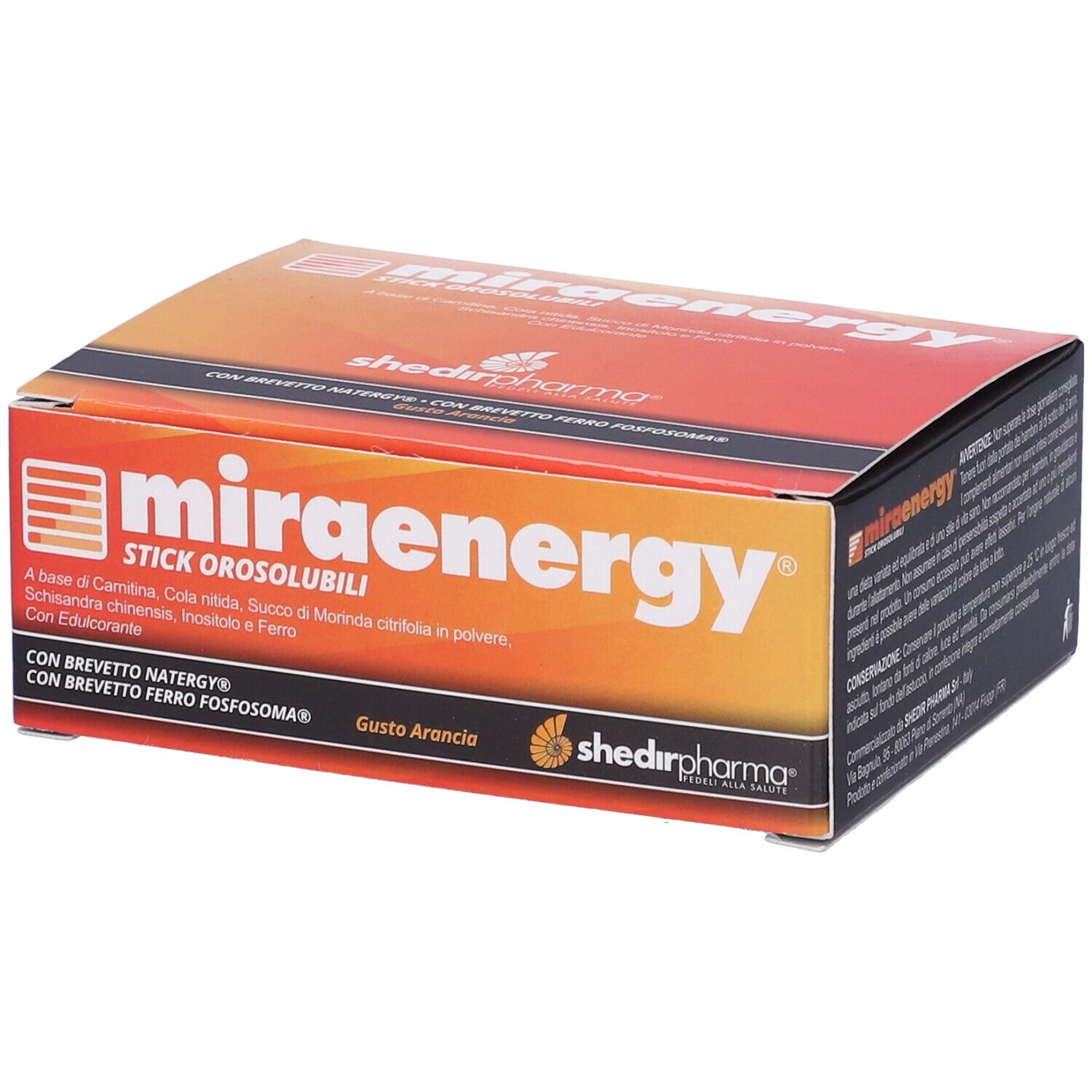 Scatola Miraenergy, design arancione e nero. Testo: 'STICK OROSOLUBILI', 'Gusto Arancia'. Logo Shedir Pharma.