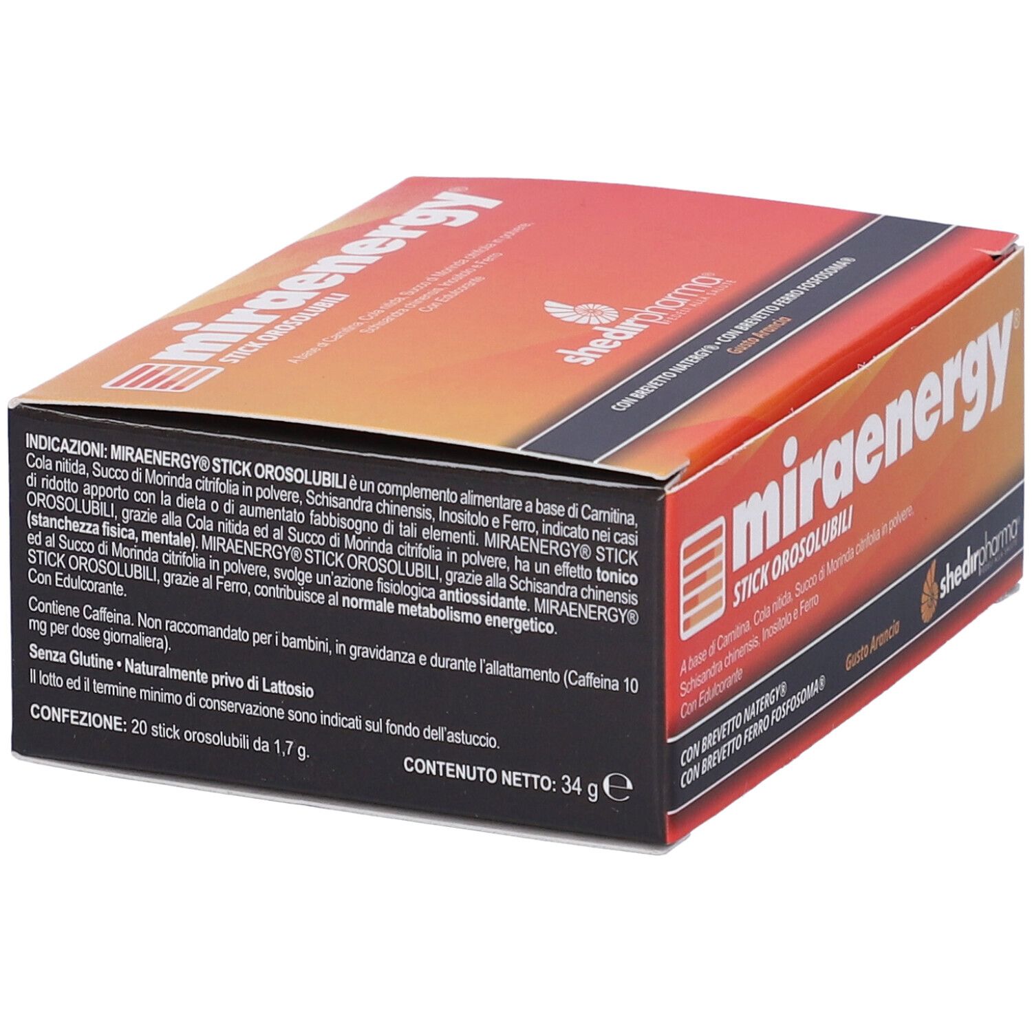 Scatola Miraenergy, design arancione e nero. Testo: 'STICK OROSOLUBILI'. Ingredienti e logo Shedir Pharma.