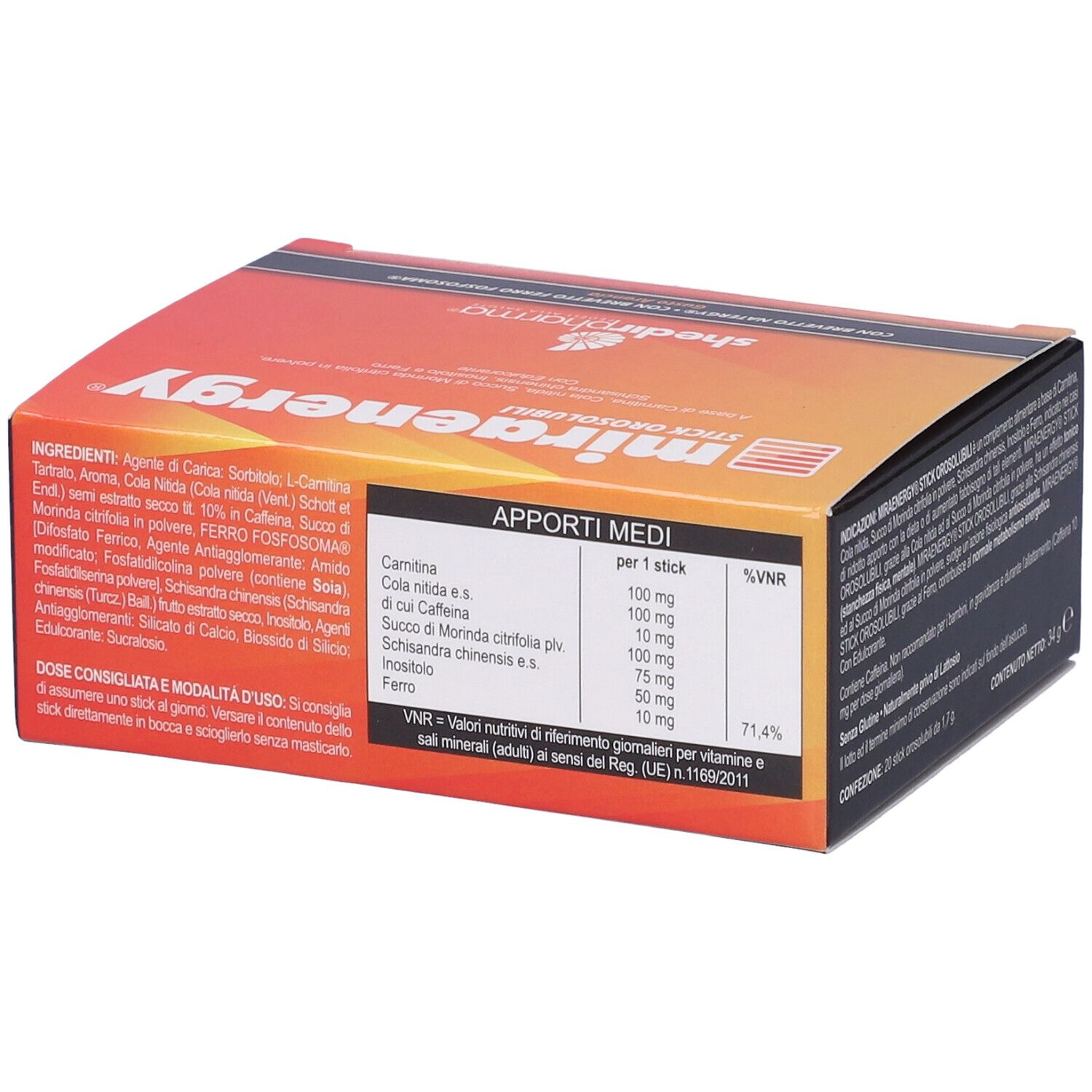Scatola Miraenergy, design arancione e nero. Testo: 'STICK OROSOLUBILI'. Informazioni nutrizionali e logo Shedir Pharma.