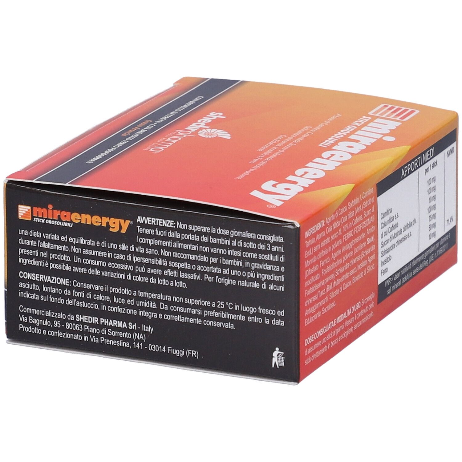 Scatola Miraenergy, design arancione e nero. Testo: 'STICK OROSOLUBILI'. Avvertenze e logo Shedir Pharma.