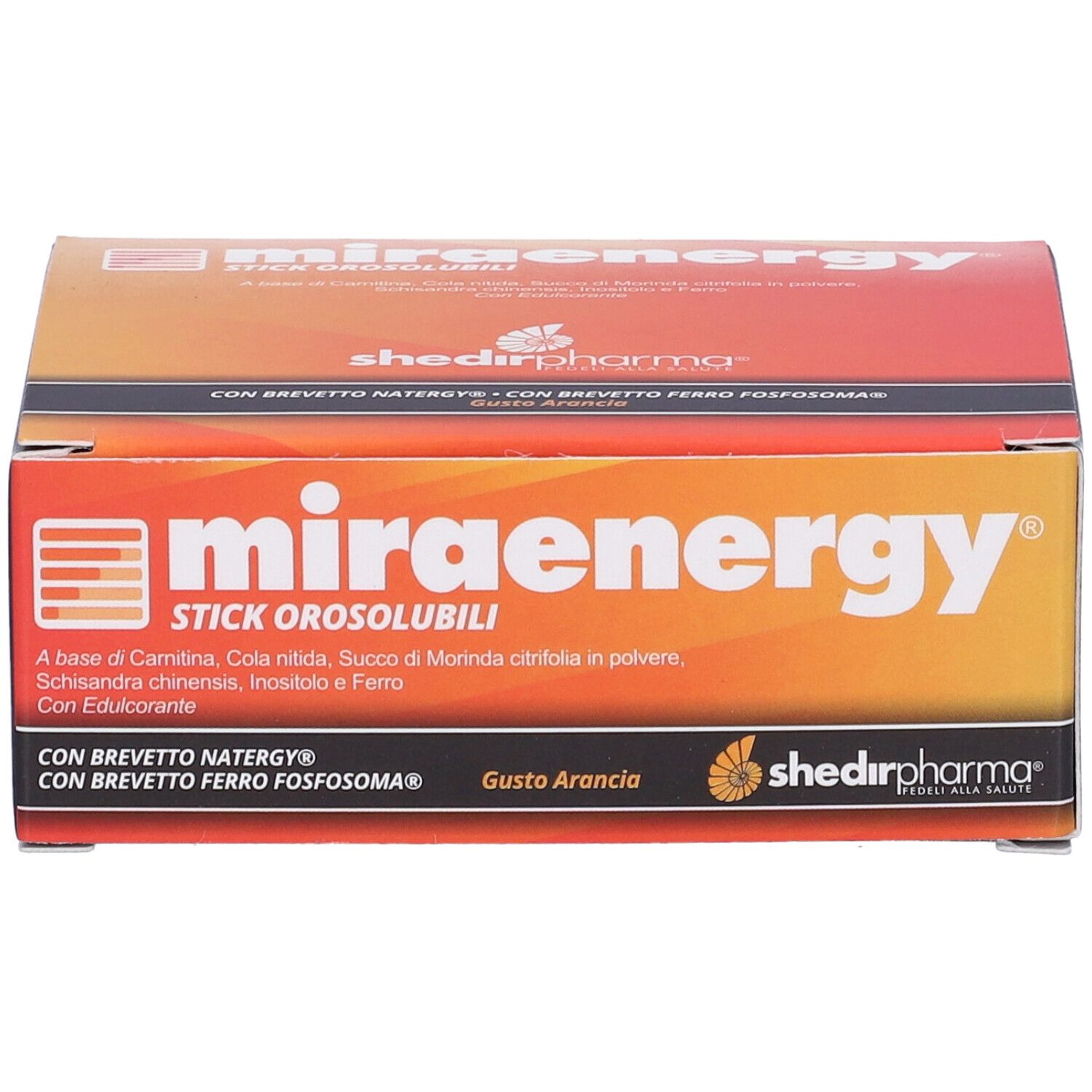 Scatola Miraenergy, design arancione e nero. Testo: 'STICK OROSOLUBILI', 'Gusto Arancia'. Logo Shedir Pharma.