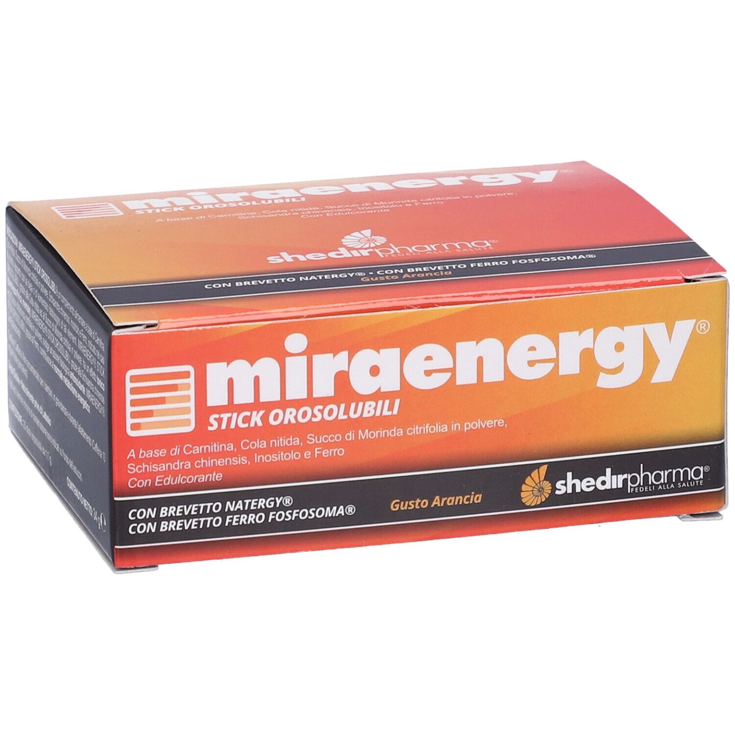 Scatola Miraenergy, design arancione e nero. Testo: 'STICK OROSOLUBILI', 'Gusto Arancia'. Logo Shedir Pharma.