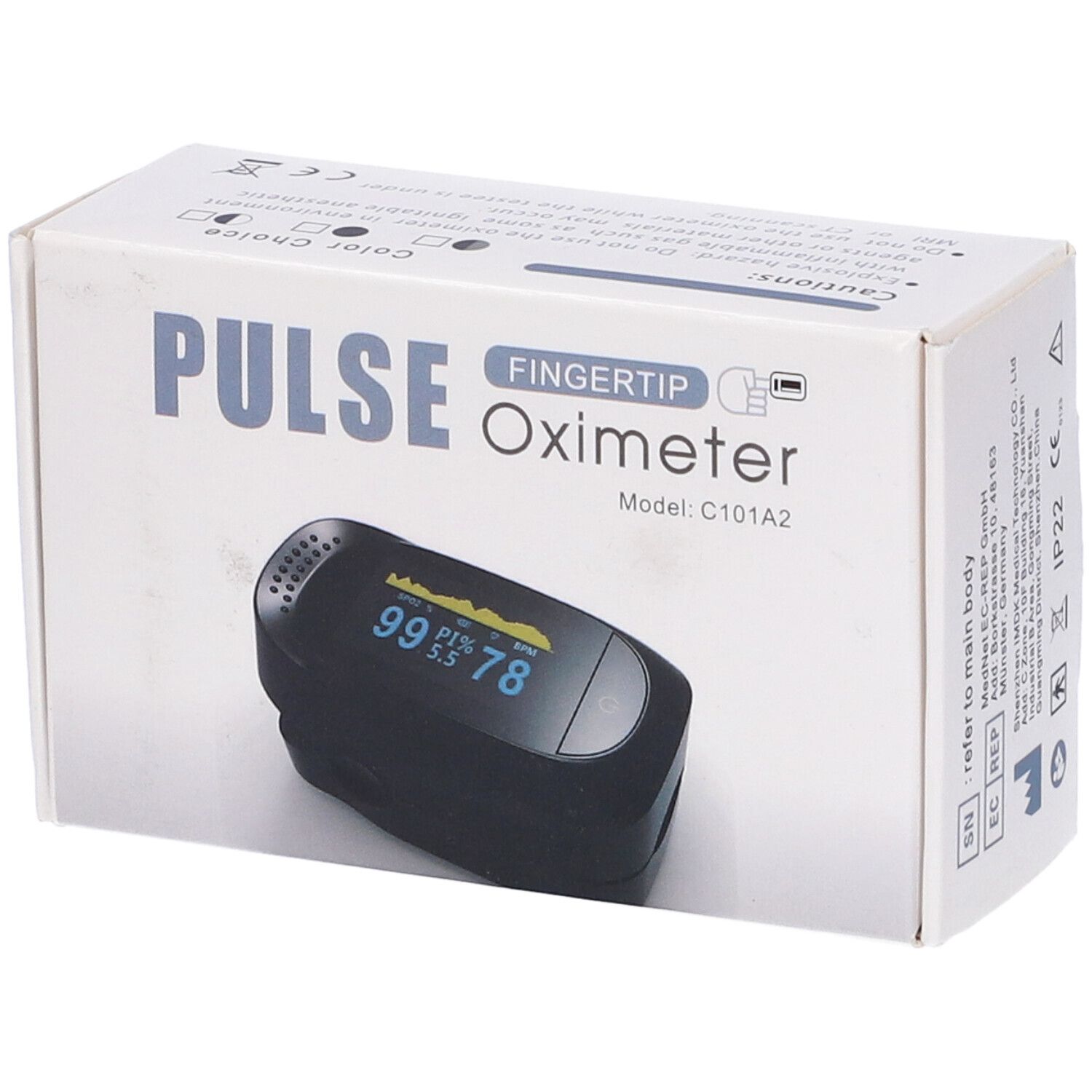 Confezione di un pulsossimetro da dito. Scritta 'PULSE Fingertip Oximeter'. Modello C101A2. Dispositivo raffigurato.