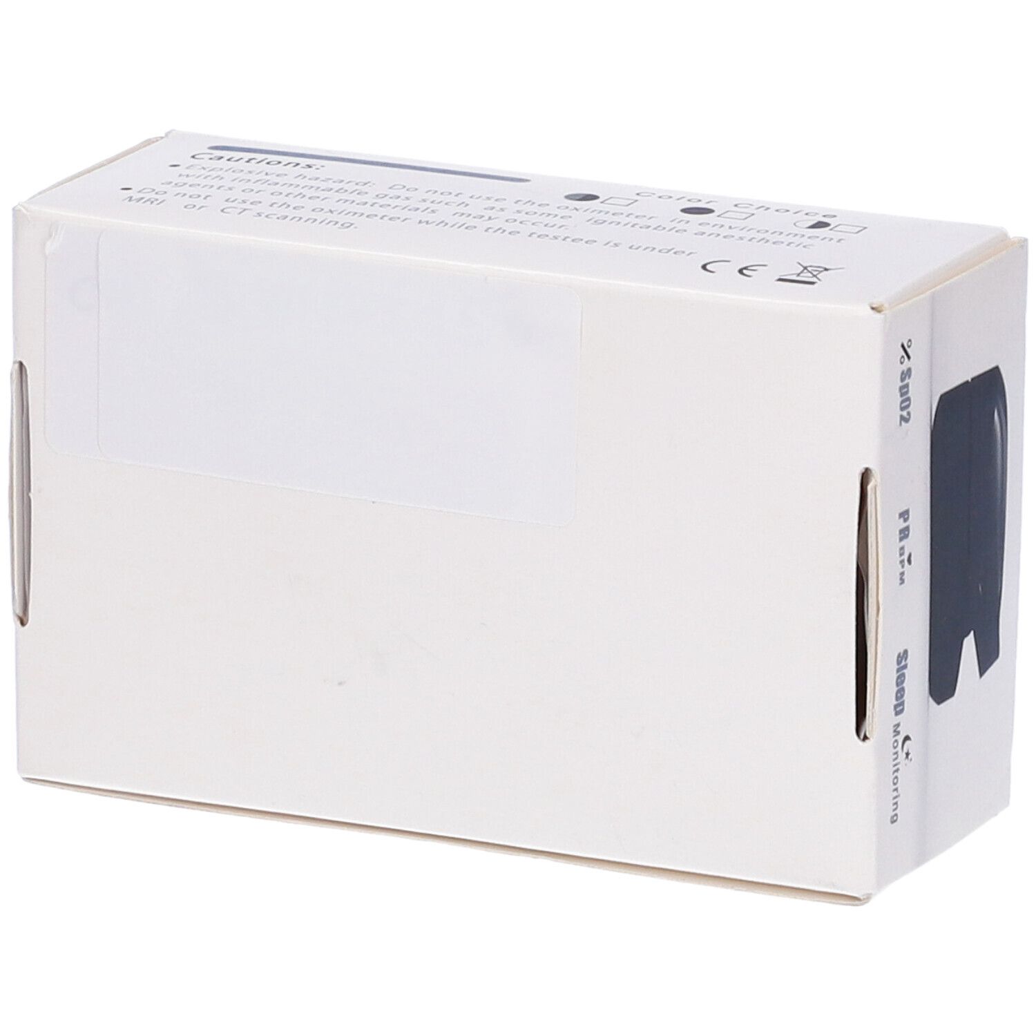 Confezione bianca di un pulsossimetro da dito. Scritta 'PULSE Fingertip Oximeter'. Modello C101A2. Dispositivo raffigurato.