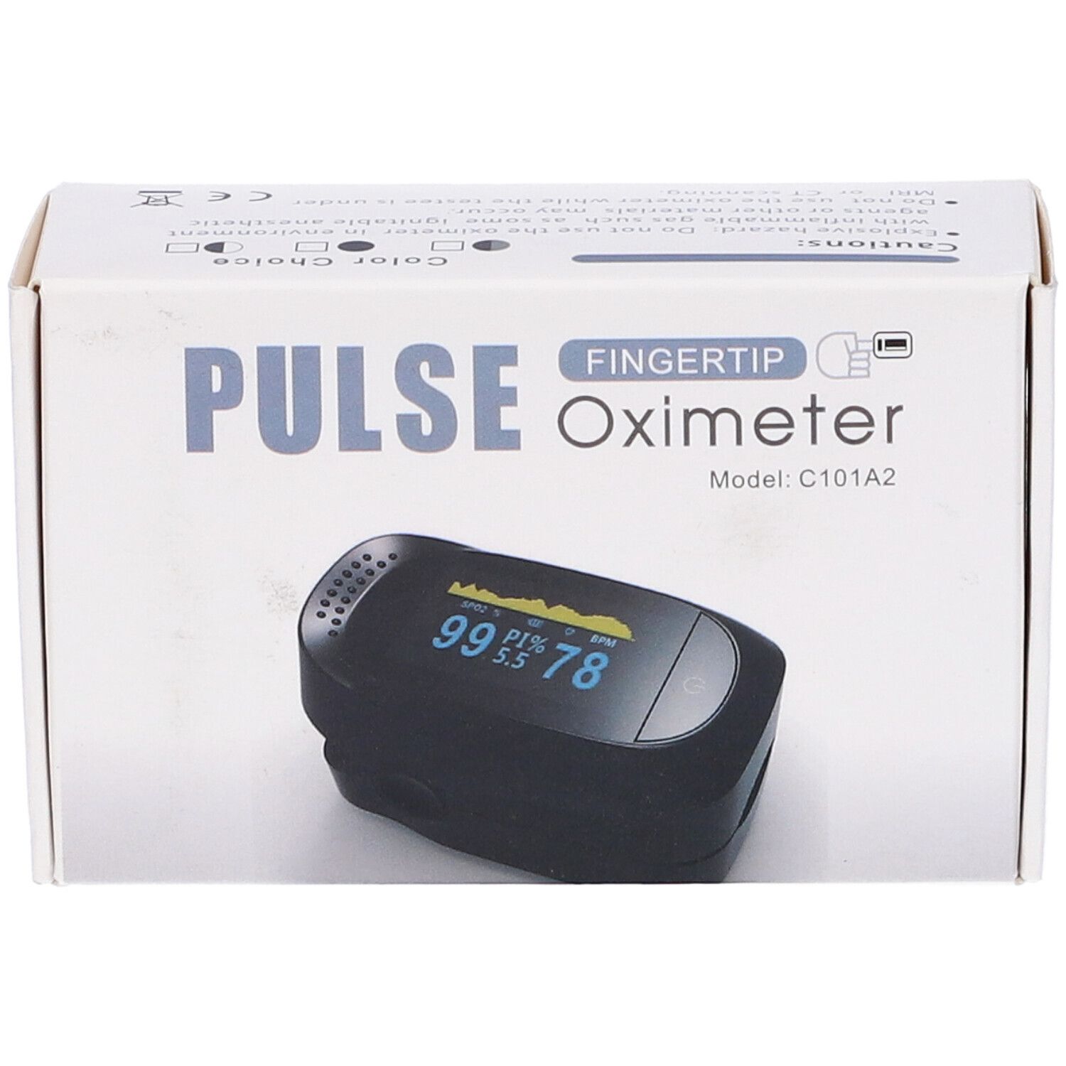 Confezione di un pulsossimetro da dito. Scritta 'PULSE Fingertip Oximeter'. Modello C101A2. Dispositivo raffigurato.