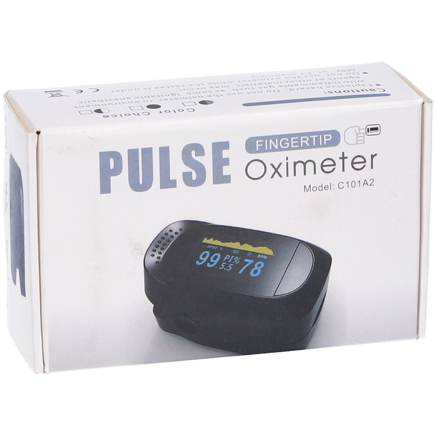 Confezione di un pulsossimetro da dito. Scritta 'PULSE Fingertip Oximeter'. Modello C101A2. Dispositivo raffigurato.