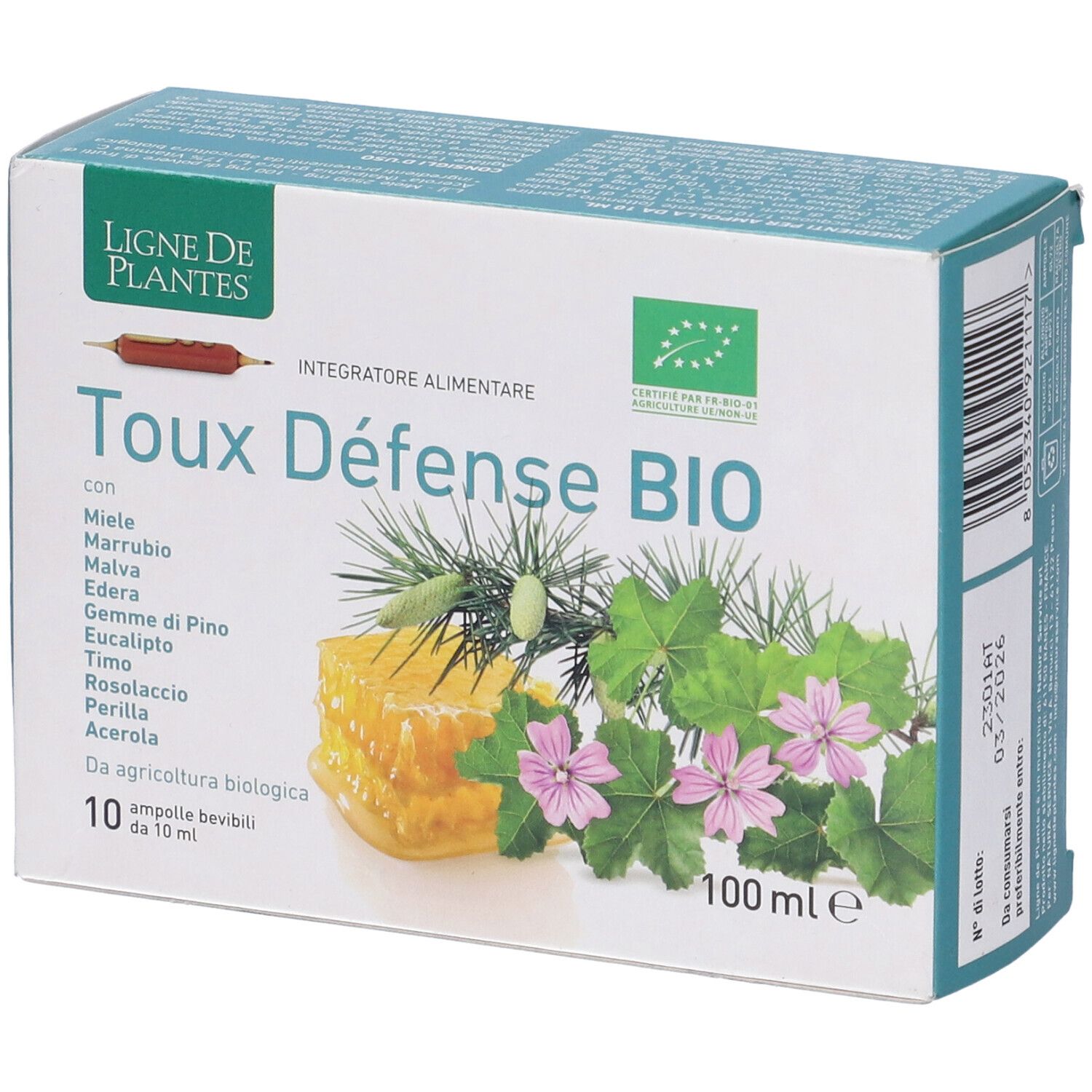 Confezione di Toux Défense BIO. Contiene 10 fiale. Con miele, malva, edera, eucalipto, timo, acerola e altri ingredienti.