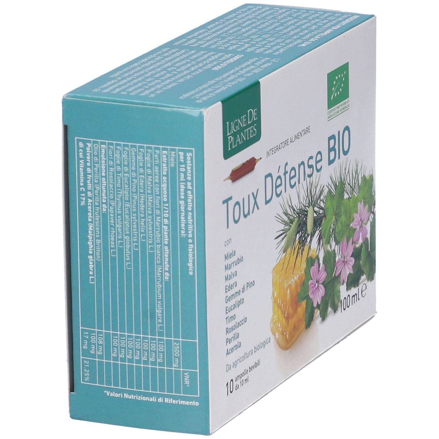 Vista angolata della confezione Toux Défense BIO. Contiene 10 fiale. Con miele, malva, edera, eucalipto, timo, acerola e altri ingredienti.