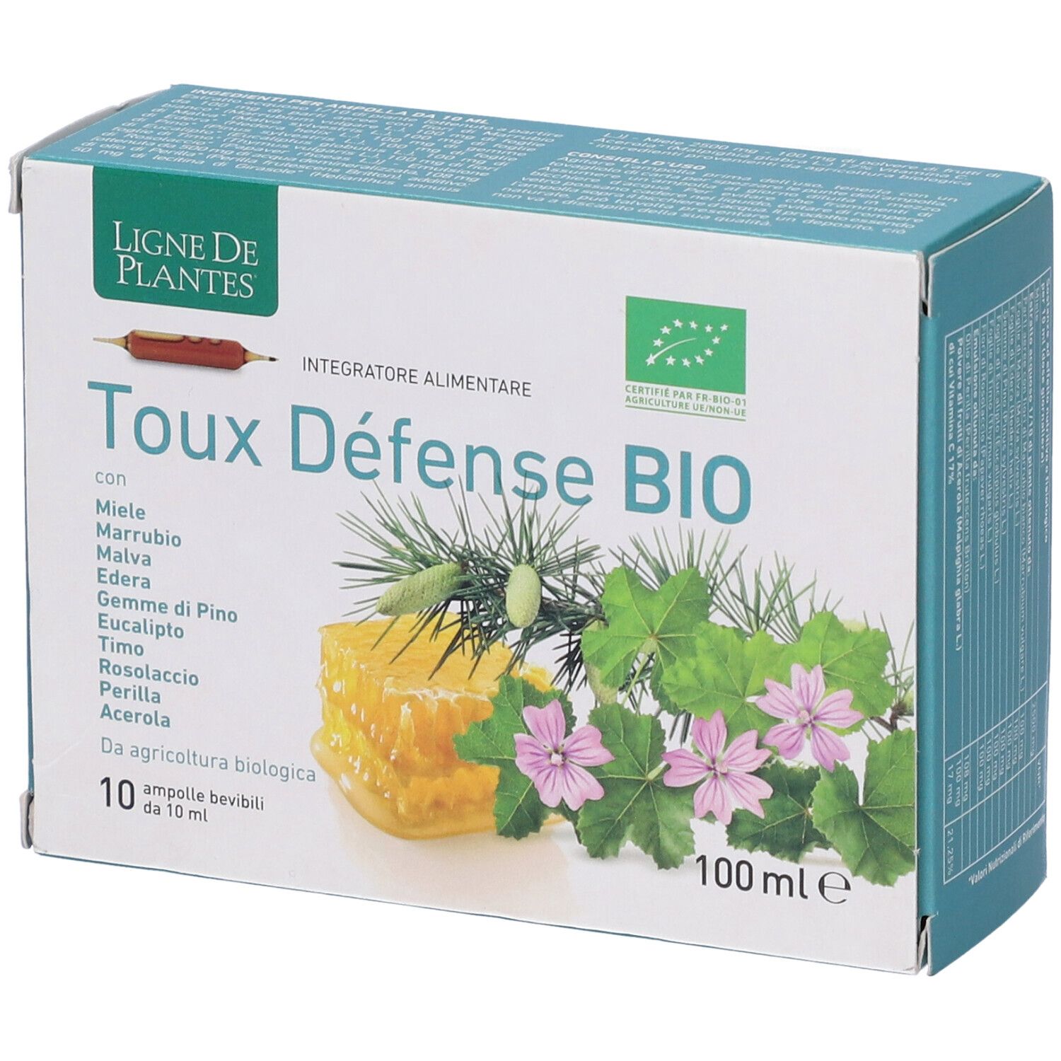 Confezione di Toux Défense BIO. Contiene 10 fiale. Con miele, malva, edera, eucalipto, timo, acerola e altri ingredienti.