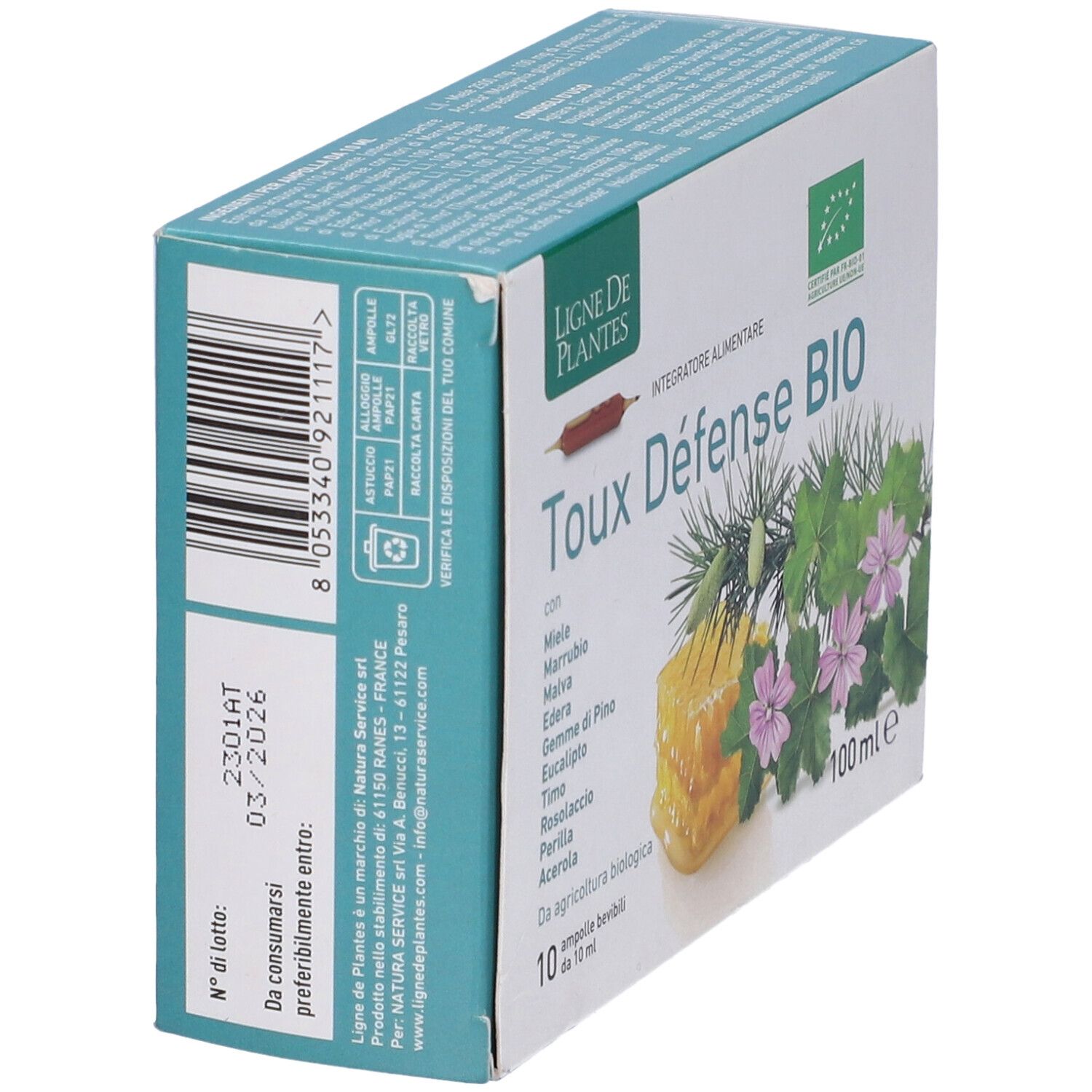 Vista angolata della confezione Toux Défense BIO. Contiene 10 fiale. Con miele, malva, edera, eucalipto, timo, acerola e altri ingredienti.