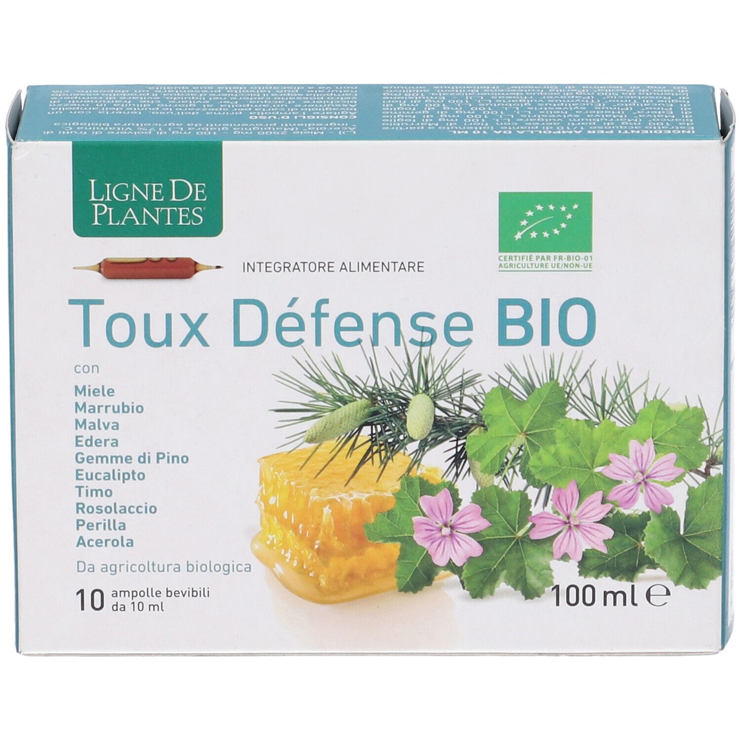 Confezione di Toux Défense BIO. Contiene 10 fiale. Con miele, malva, edera, eucalipto, timo, acerola e altri ingredienti.