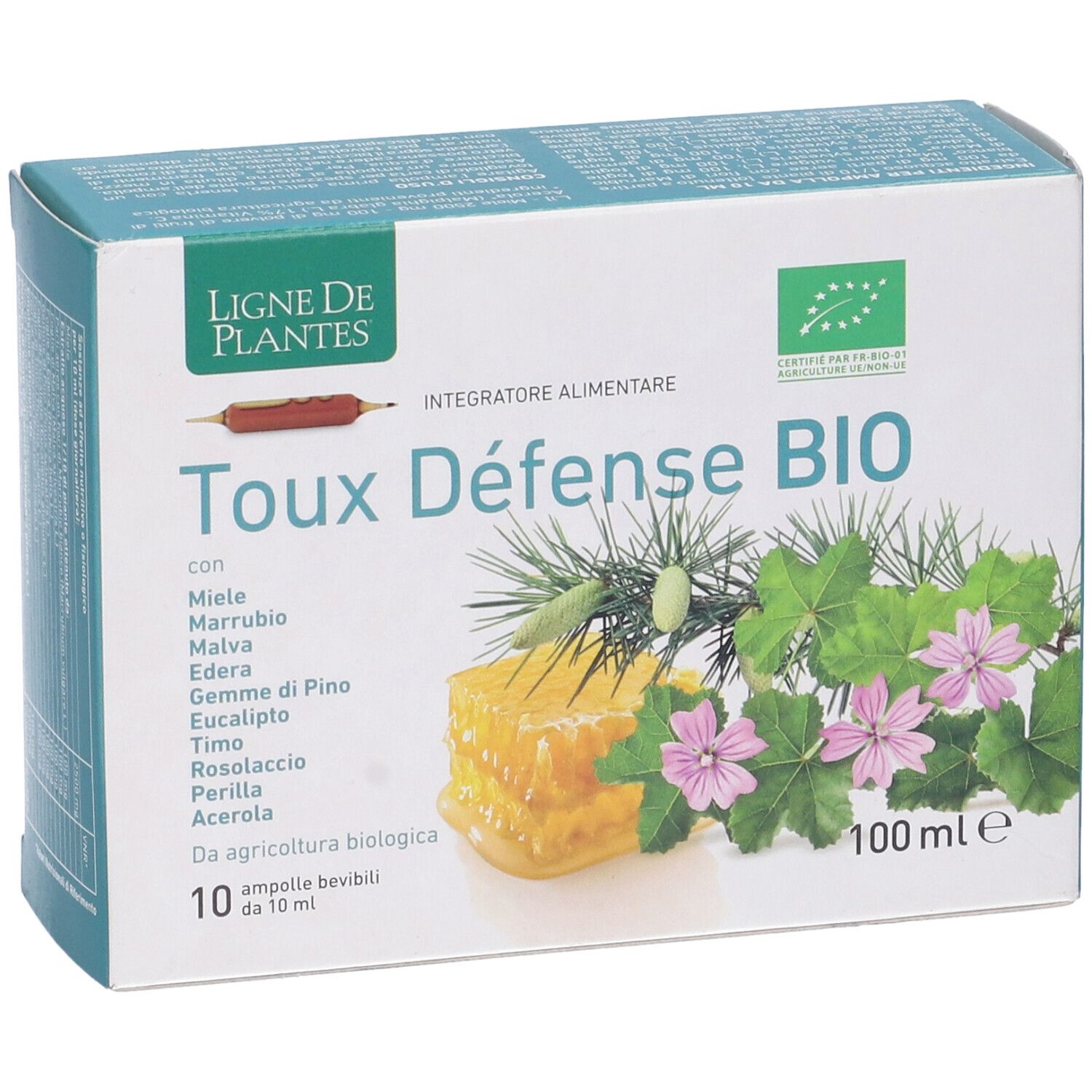 Confezione di Toux Défense BIO. Contiene 10 fiale. Con miele, malva, edera, eucalipto, timo, acerola e altri ingredienti.