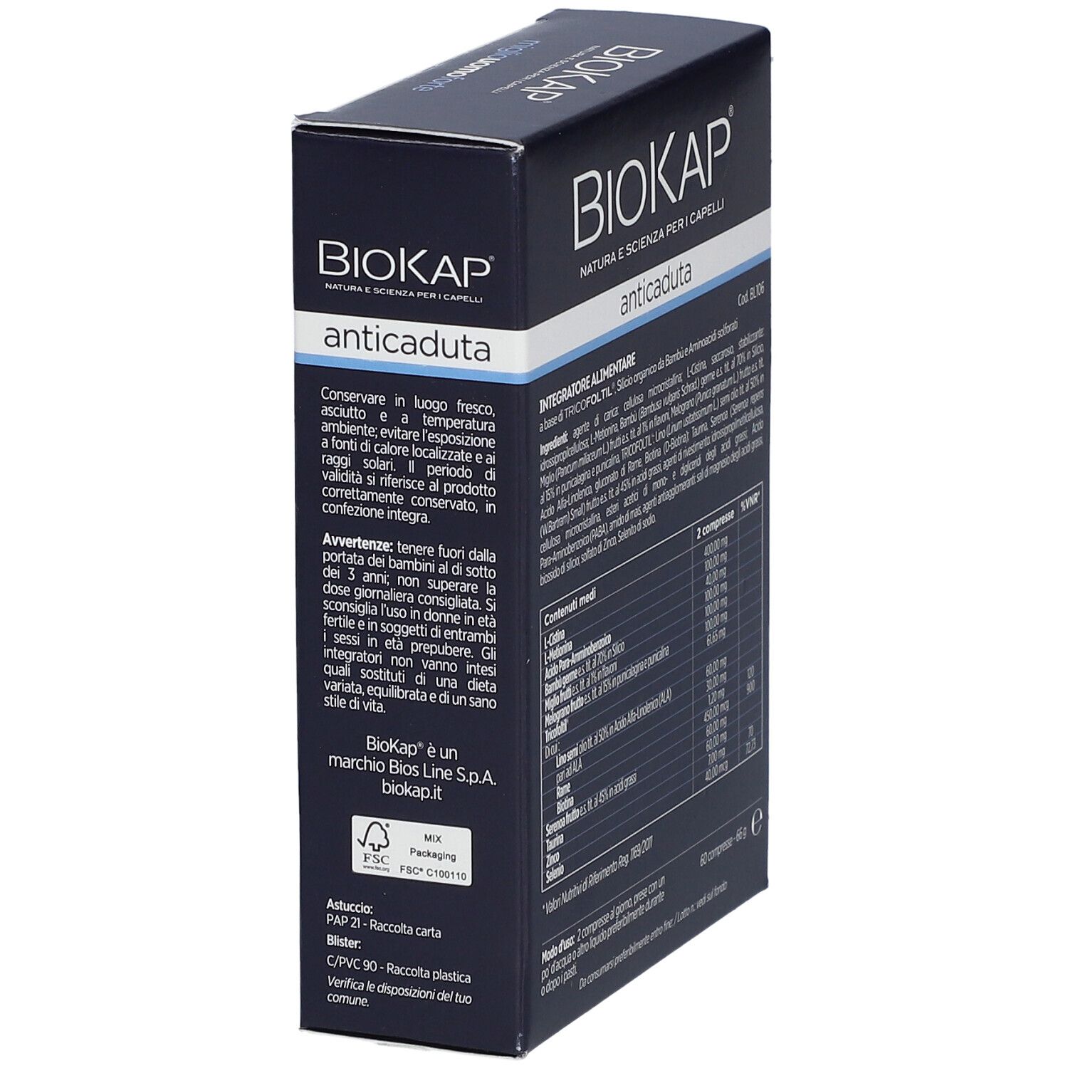 Dunkelblaue Schachtel, schräg gestellt. Text mit Warnhinweisen und Gebrauchsanweisung. BIOKAP-Logo.