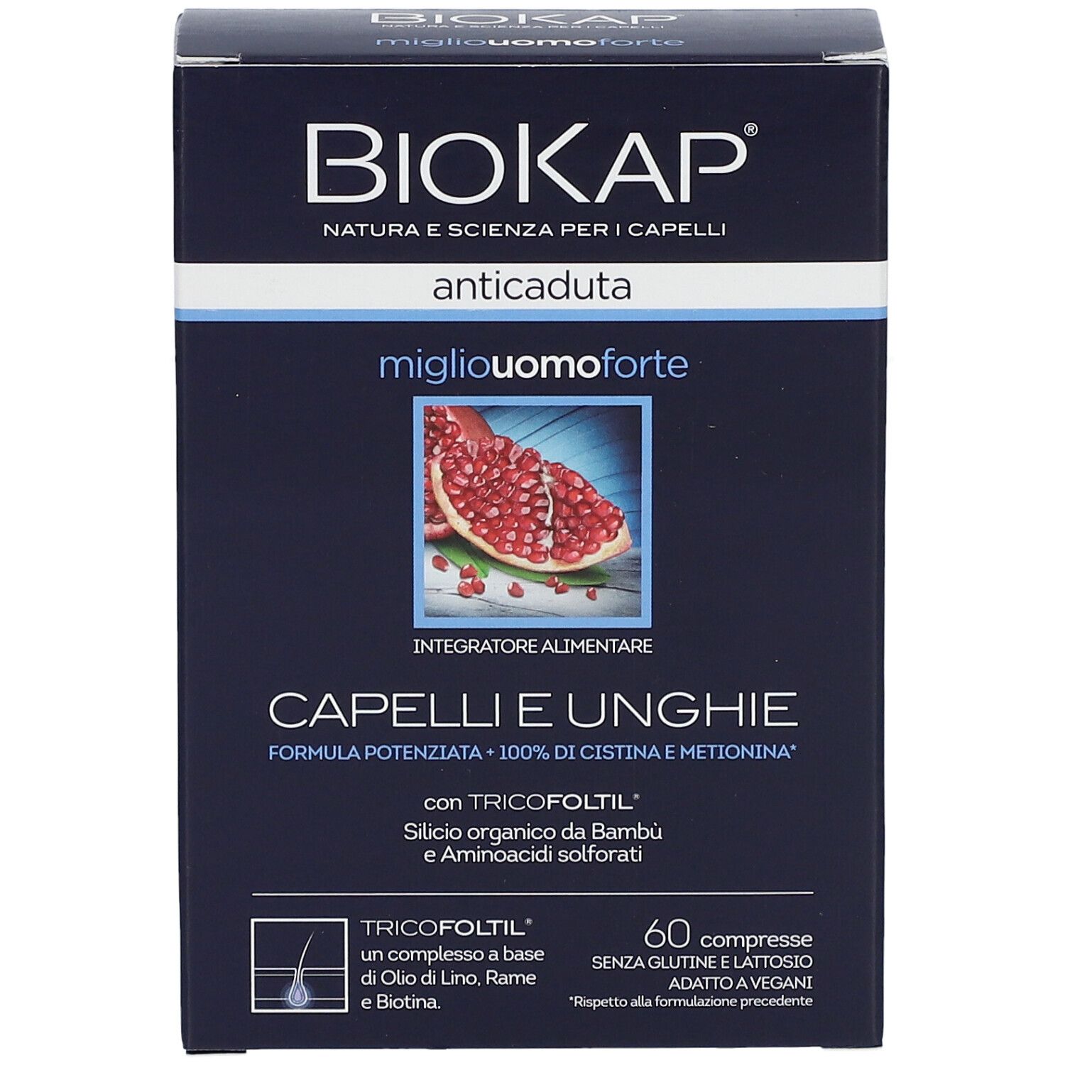 Dunkelblaue Schachtel mit Produktinformationen. Aufschrift: BIOKAP, anticaduta, miglio uomo forte, Capelli e Unghie. 60 compresse.