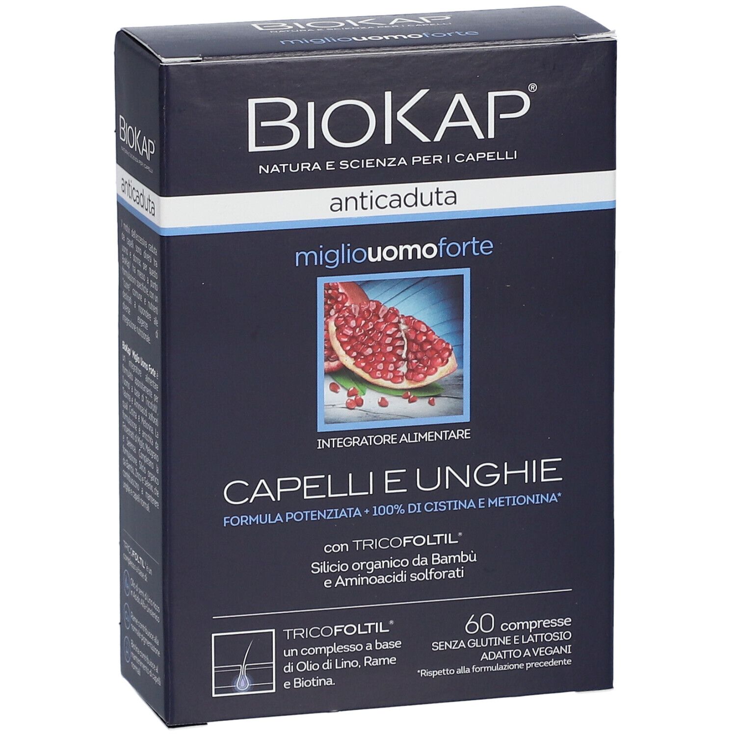 Dunkelblaue Schachtel, schräg gestellt. Aufschrift: BIOKAP, anticaduta, miglio uomo forte, Capelli e Unghie. 60 compresse.
