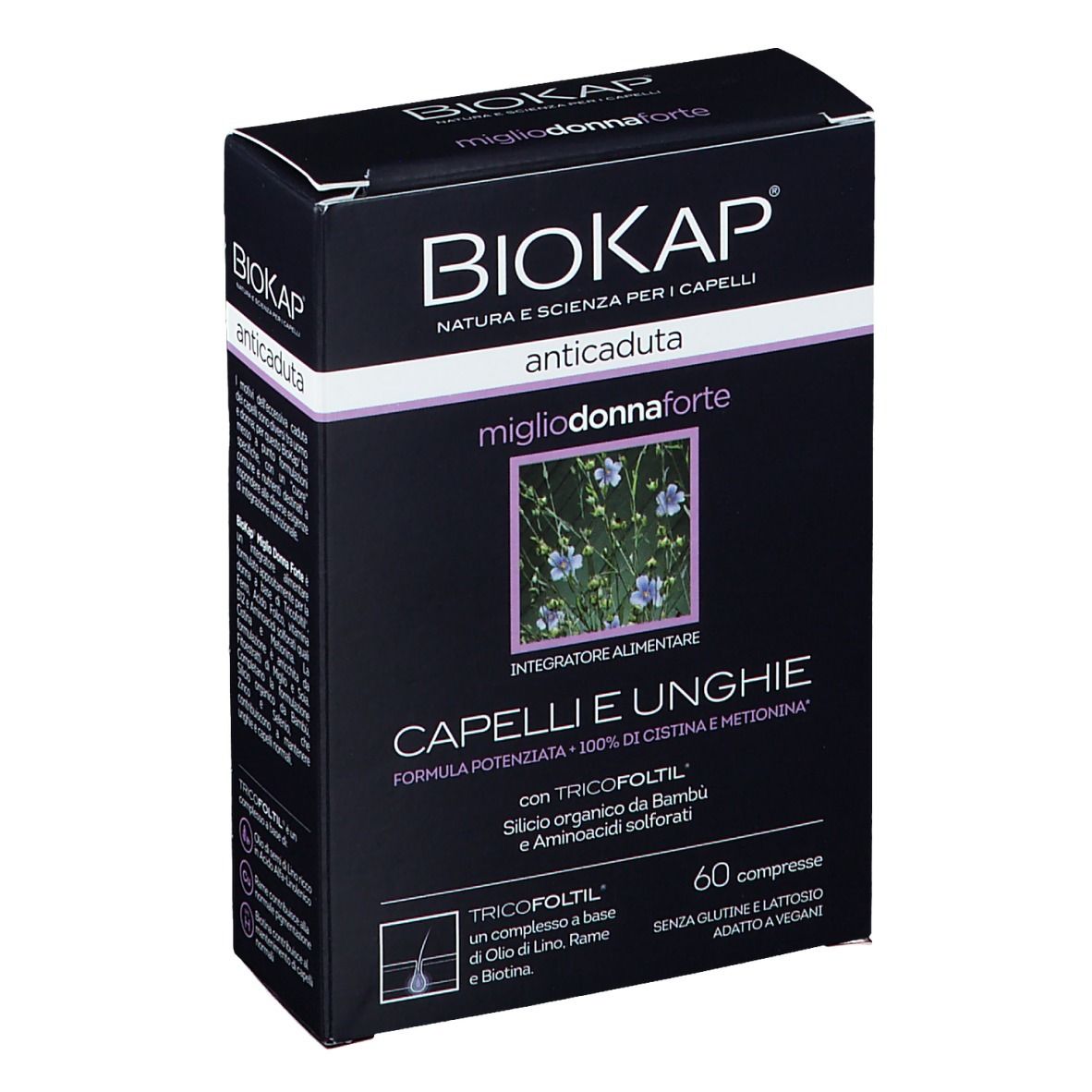 BioKap Anticaduta Miglio Donna Forte. Scatola nera con informazioni sul prodotto. Scritto: Capelli e Unghie, 60 compresse.
